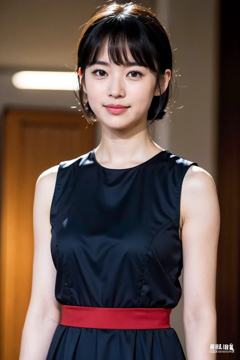 (8k, RAW Photos, highest quality, masterpiece:1.2), Very detailed, Super Resolution, (Realistic, Realistic Photo:1.37), Portraiture, High-resolution RAW color photos, Professional photos, Very detailedで美new, Very detailed, 8k wallpaper, Amazing details, Large file size, Official Art, highly detailed CG unity 8k wallpaper, Very detailed美少女, Very detailed顔, Very detailed目, Very detailed肌, Very detailed指, Very detailed鼻, Very detailed詳細な口 , Perfect Anatomy, Very detailed背景, Very detailed衣服, 1 girl,, 20th generation, cute girl, Realistic body, small, Fair skin, Glowing Skin , Handsome body, Black Hair , Curly Hair, (Blunt bangs:1.2), smile, cute, like々new, cute face, Realistic face, Delicate eyes, (((Red sleeveless dress))), Looking at the audience, Cowboy Shot, look forward to, Standing position, Opposition, Dynamic Lighting, Very large breasts,