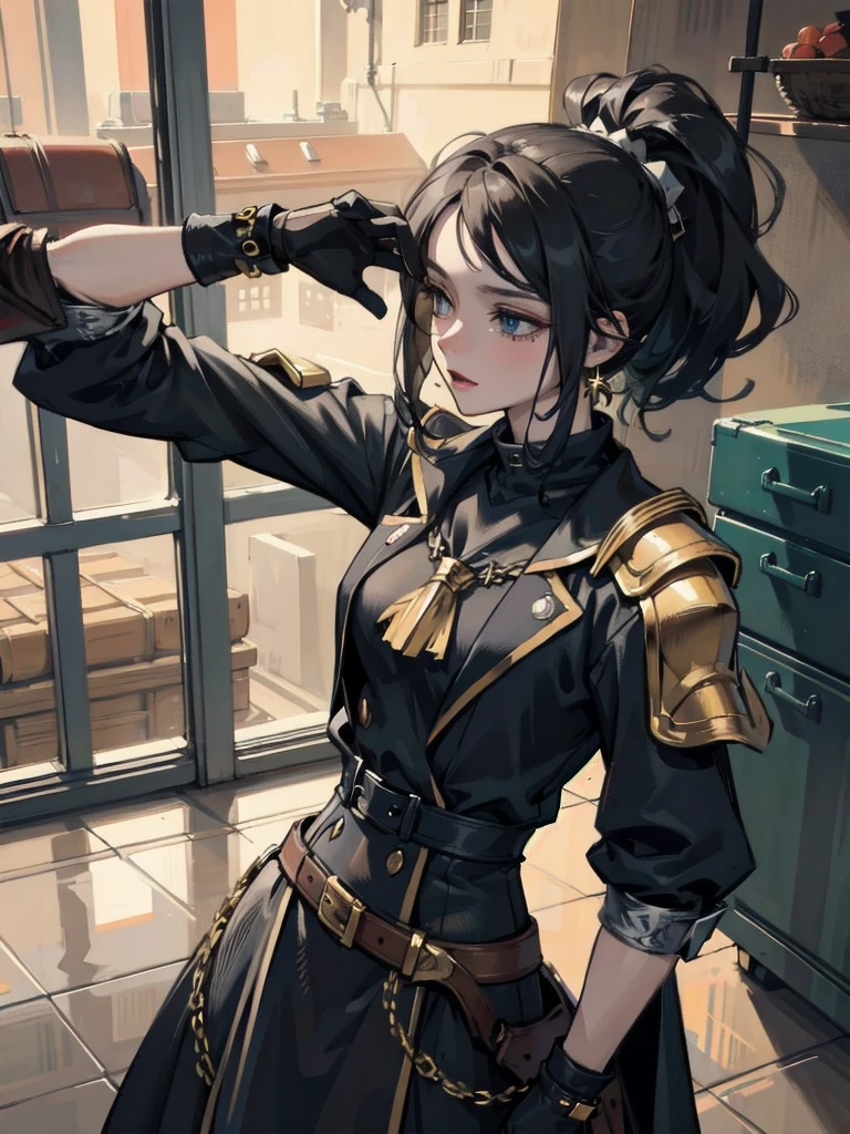 absurdres, RAW photo, extremely delicate and beautiful, masterpiece, Best Quality, ultra high resolution, 32k, hyperrealistic, ultra-detailed, perfect figure, detailed description, pale skin, 20 years old, detailed beautiful face and eyes, tearful mole, earring, short medium hair, wavy hair, full body, a heavily armored pirate, pirate captain, detailed metal armor, intricate pirate clothing, bold colors, highly detailed metal textures,