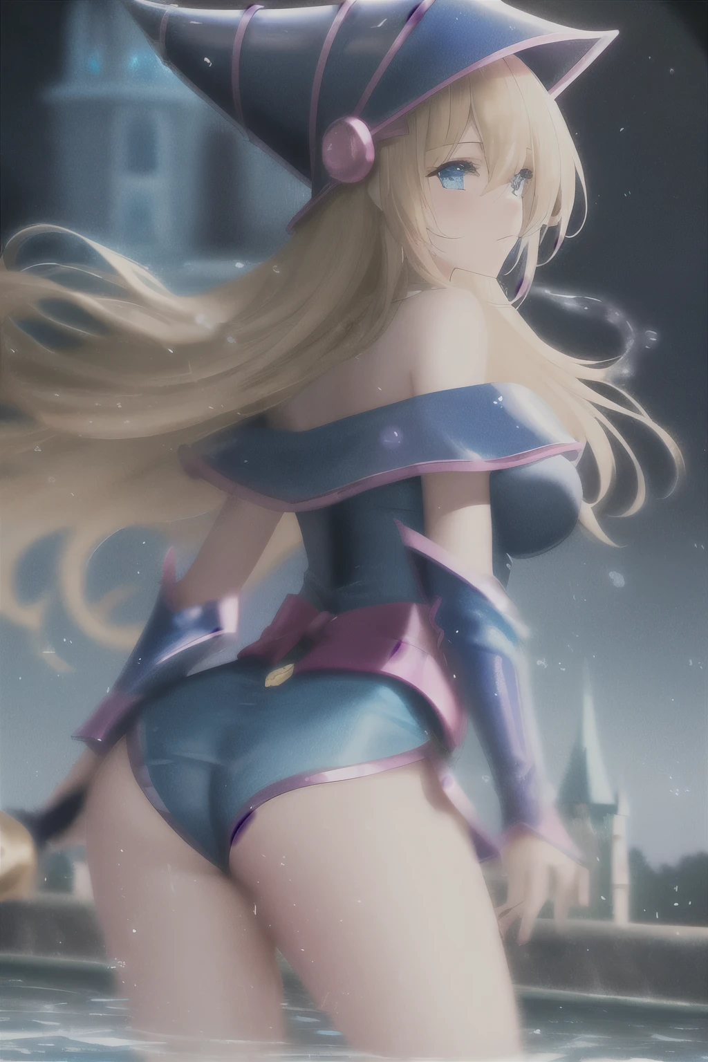 dark magician girl, masterpiece, best quality, (1girl), solo, (water), long hair, blonde hair, blue headwear, wizard hat, spell casting, castle, castle:2, motion blur, magic, (moonlight:1.2), chromatic aberration, depth of field, soft lighting, highly detailed face, highly detailed eyes, lewd, view from behind