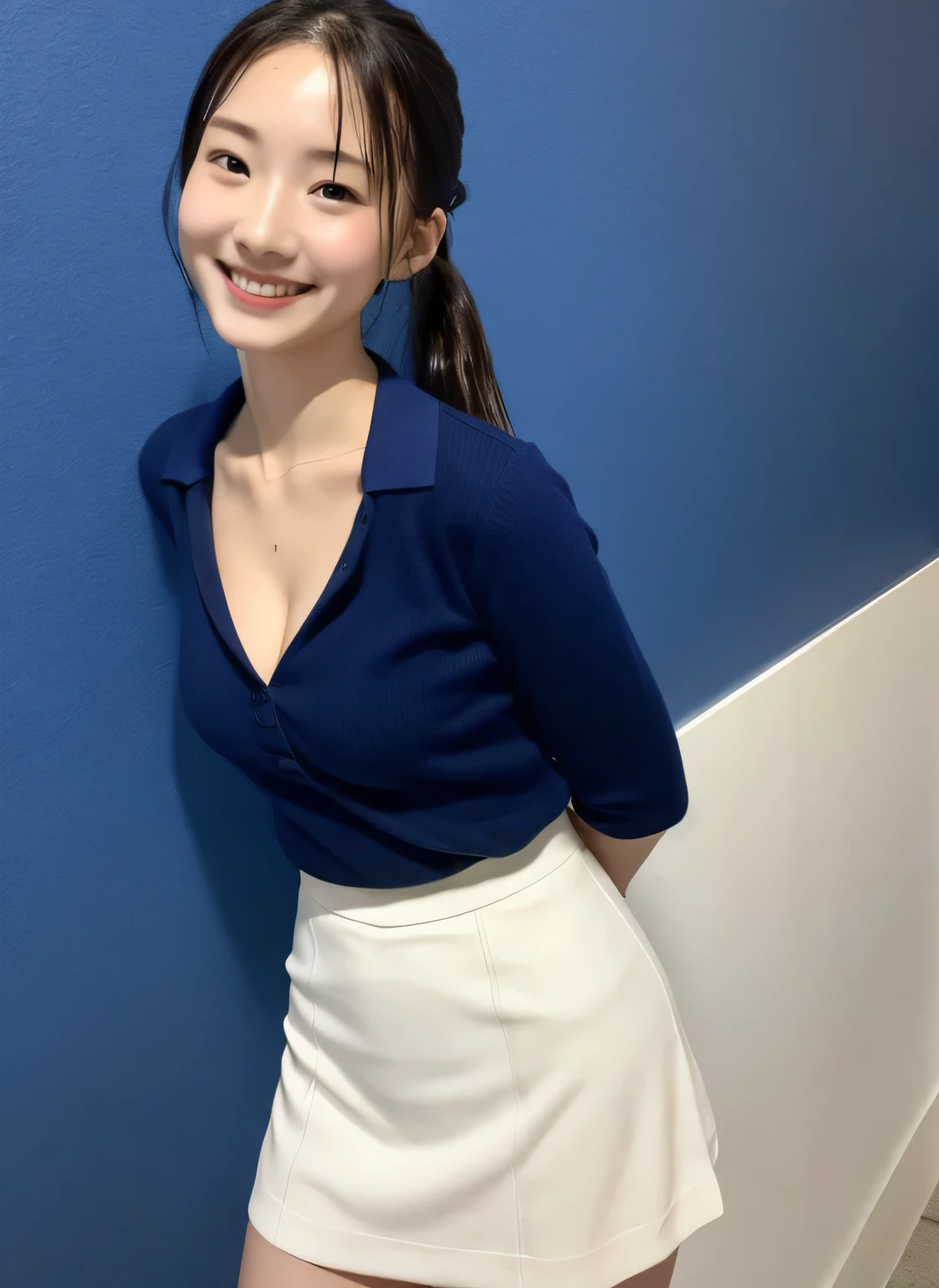 ((Ultra-high resolution)),8K,14 years old、Leaning forward to reveal cleavage、Small breasts、Flat Chest、Small breasts, , ponytail, Blue mini skirt, White polo shirt、Small breasts cleavage 2:1,Idol Sculpture, Wet, smile、Dark blue walls、sexy、slender、Well-shaped small breasts、I can see your thighs、