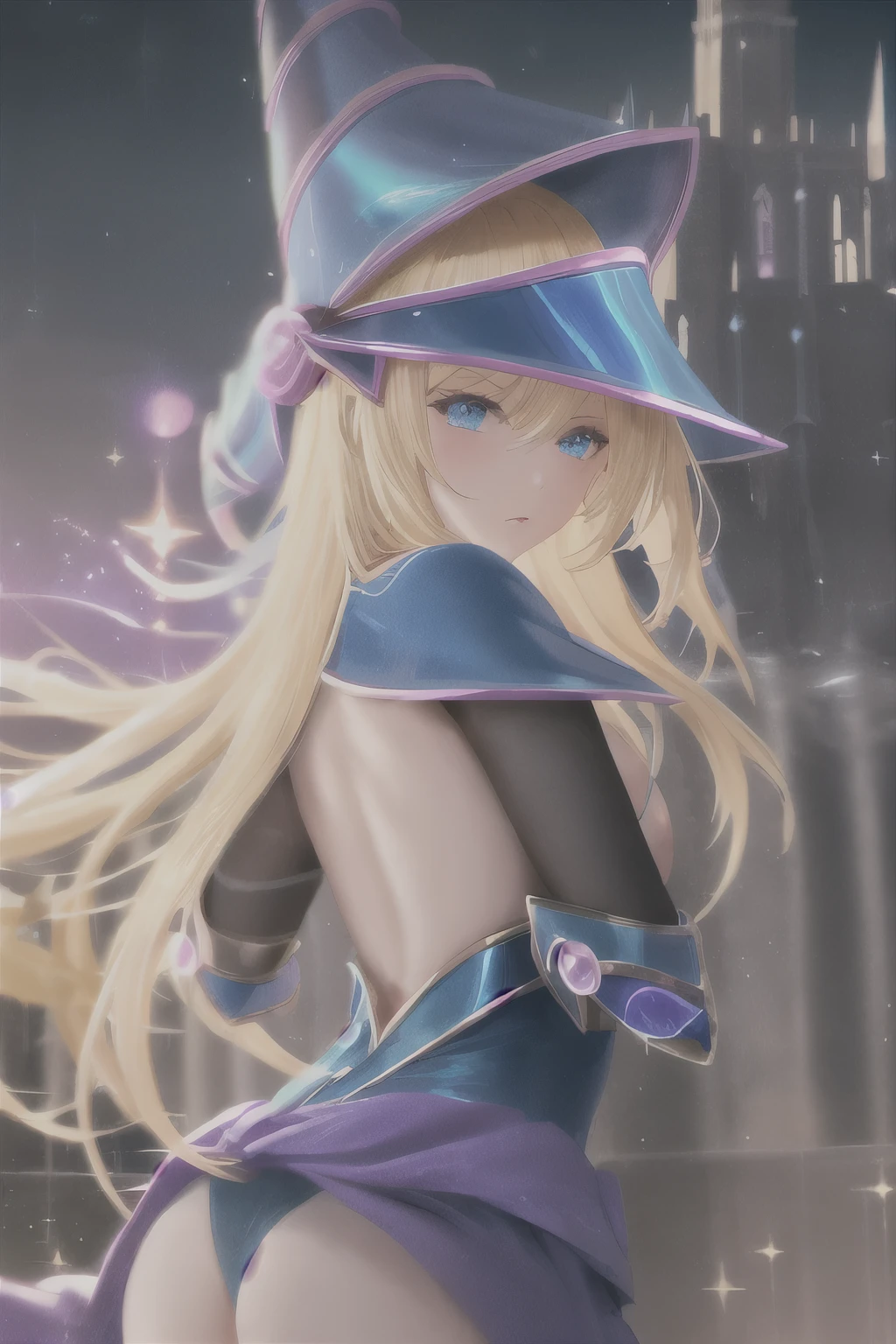 dark magician girl, masterpiece, best quality, (1girl), solo, (water), long hair, blonde hair, blue headwear, wizard hat, spell casting, castle, castle:2, motion blur, magic, (moonlight:1.2), chromatic aberration, depth of field, soft lighting, highly detailed face, highly detailed eyes, lewd, view from behind
