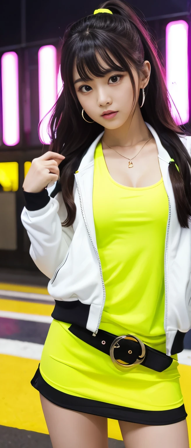 Sporty idol girl、whole body、Good style、、、、、、、、Fluorescent yellow mini dress、、、、White Track Jacket、Nice belt