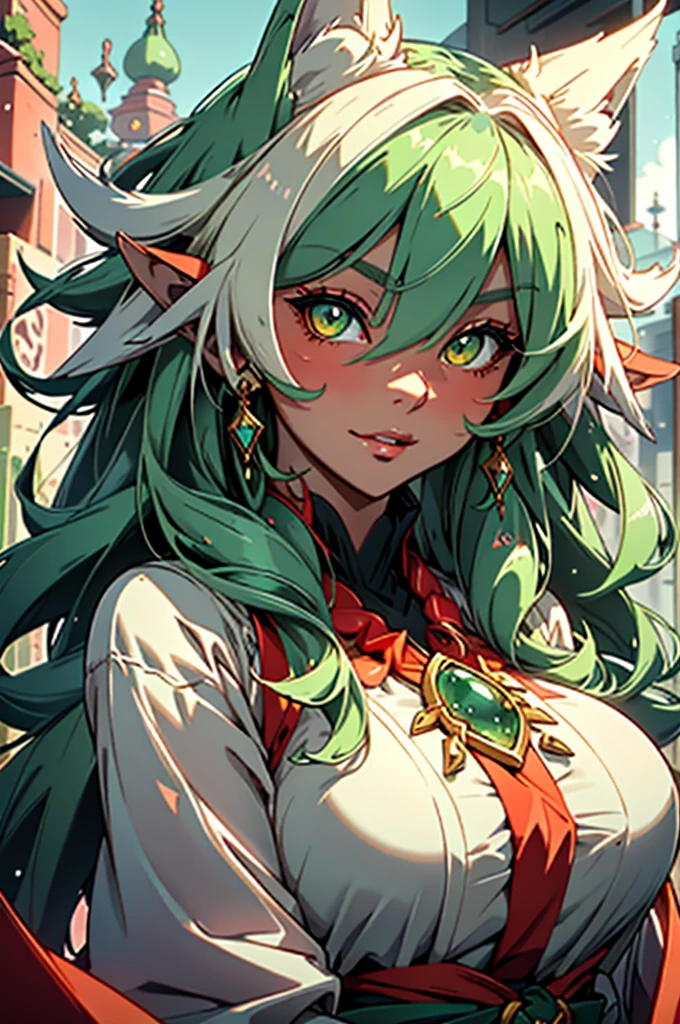 Ultra-Detailed Fantasy Anime Anthro Art Showcases a Stunning, Ultra-Cute White Fox Goddess with Vibrant, Emerald-Green Eyes. She is Adorned in a Festive Red Poncho, Featuring Intricate Black and Green Details, Accentuating Her Cheerful and Joyful Demeanor. The Poncho's Design is a Reflection of Her Bright and Lively Spirit. Her Fur, Shimmering White, Glows Under the Soft Light, Adding an Ethereal Quality to Her Majestic Presence. Her Eyes, Filled with Wisdom and Kindness, Sparkle with an Unparalleled