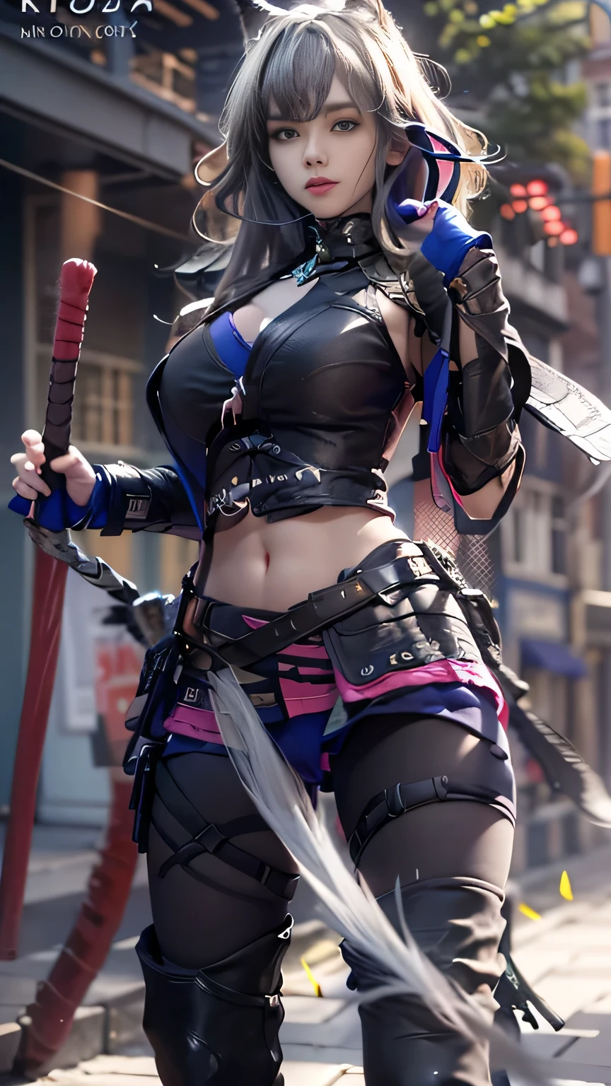(Realistic、Like a photograph、Live Action、8k, Photorealistic, RAW Photos, Best image quality: 1.4), Single-lens reflex camera、RAW Photos, highest quality, Realistic, Highly detailed CG Unity 8k wallpaper, Written boundary depth, Cinematic Light, Lens flare, Ray Tracing, Realistic background、((Ninja costume:1.5、Female ninja:1.4、Ninja:1.3)、Sexy Ninja:1.37、Ninjutsu activation:1.2、Trained abdominal muscles、Cleavage、Big Breasts)、Grey Hair、short hair、Standing in the forest、night、((Ultra-dense skin))、 1 girl,Cute Female Ninja、((whole body:1.5)，Looking at the audience:1.1、Embarrassed look、I like that style、Pay attention to the details、The perfect outfit、(White skin)、An accurate portrait、Accurate Arm、Accurate feet、Beautiful legs、Precise thighs、View from the front