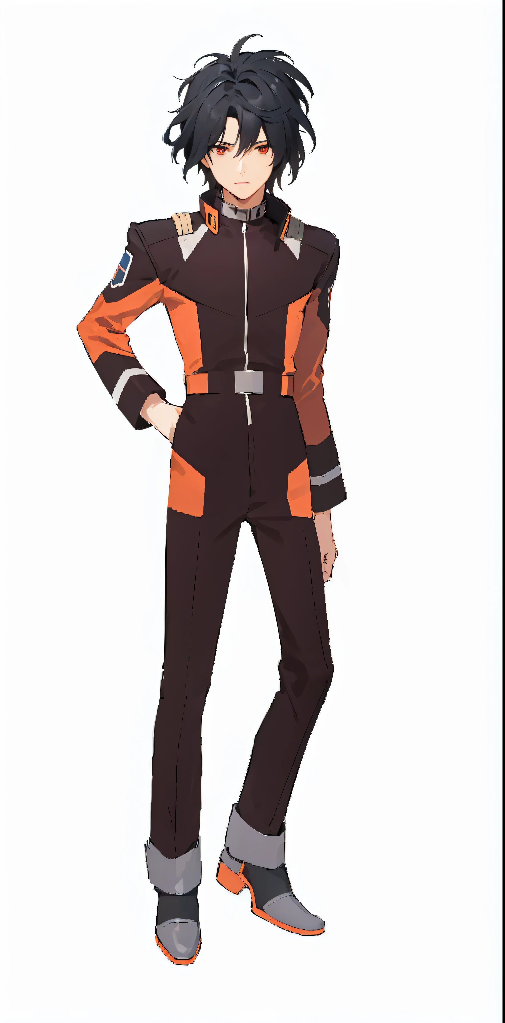 military uniform,pilot suit,red eyes,black hair,
, 1boy, solo, male focus, standing,