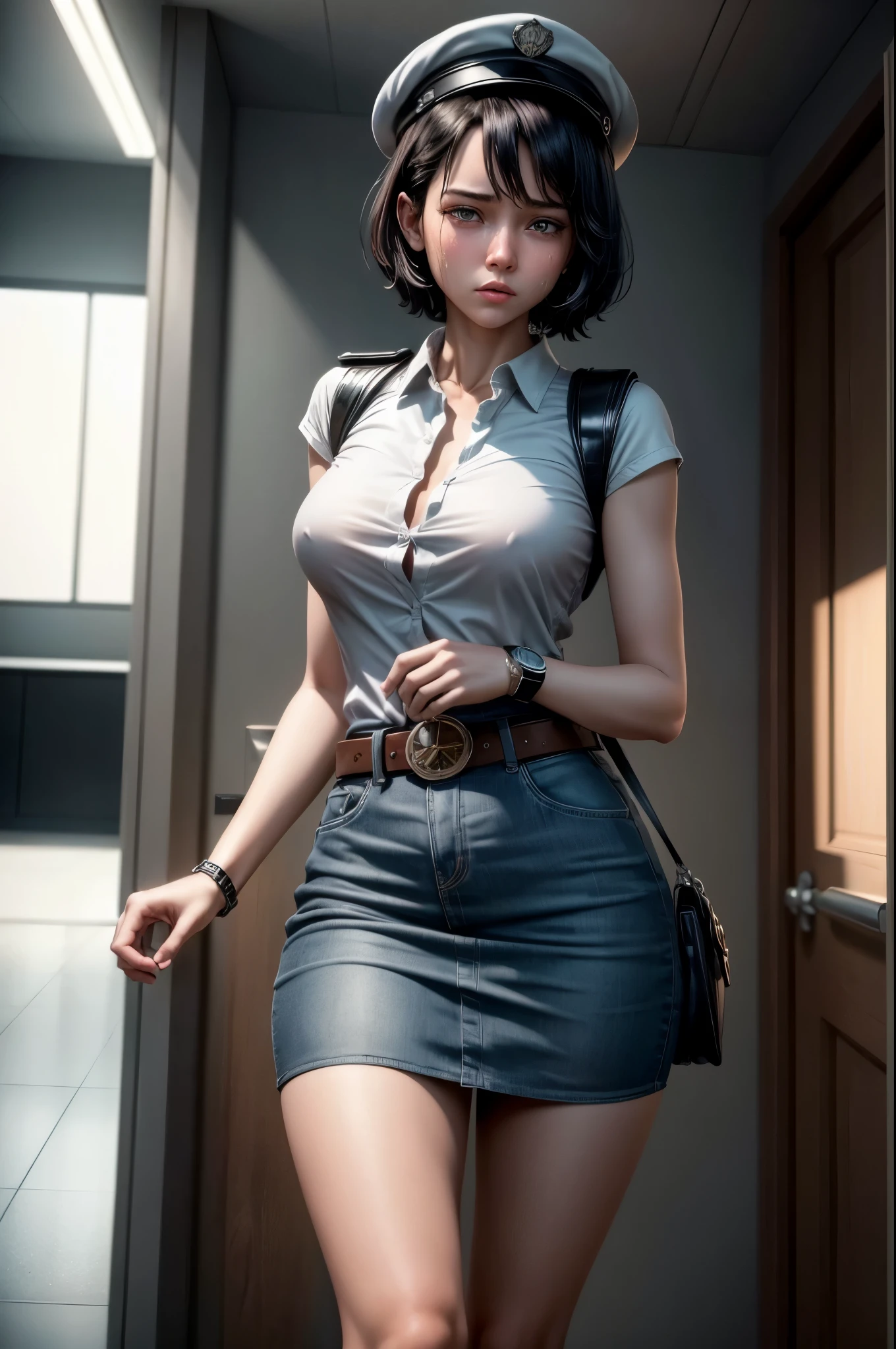 1 girl, ((alone:1.5)),Black Short Hair,Police uniform,belt,((watch:1.2)), White sleeveless collared shirt,Blue Super Mini Skirt:1.8,Police hat, Blushing:1.2, Perfect light, 8k, masterpiece:1.2, Very detailed, Realistic:1.37, Full HD, Police station hallway,indoor,(Front shot:1.3),(Are standing),((Crying face:1.0))