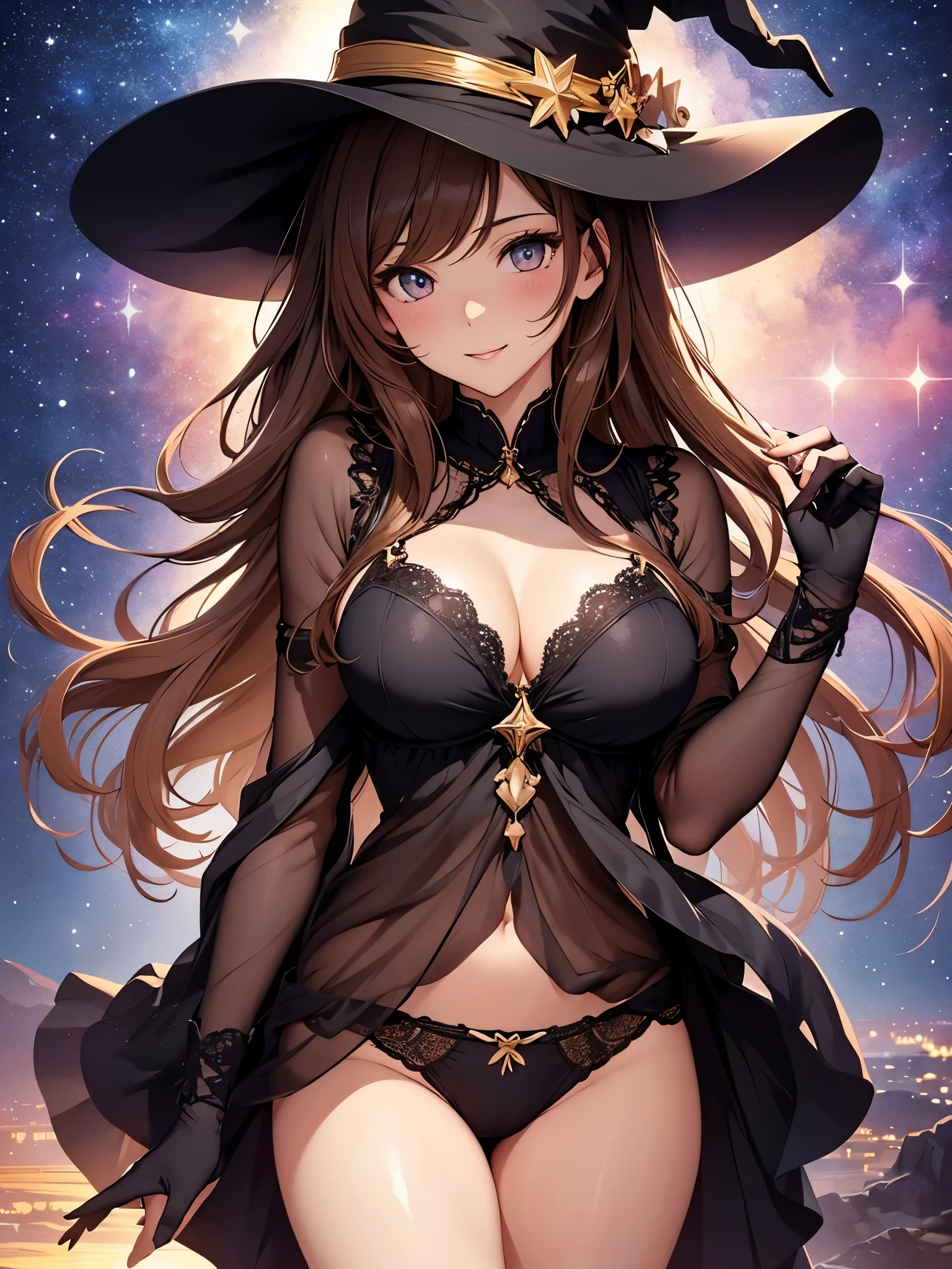 Beautiful woman
　Beautiful underwear,gentle colors
　Light　黒Brown Hair　smile　　Masterpiece Night　Starry Sky　Magic sexy, extremely beautiful 22歳　Big Breasts Beautiful Eyeagical gentle lighting    涙　、underwear、cowboy shot,Witch Hat、Witch&#39;s wand、sexy panty magic light magic circle、Magical chant、Magical powers
