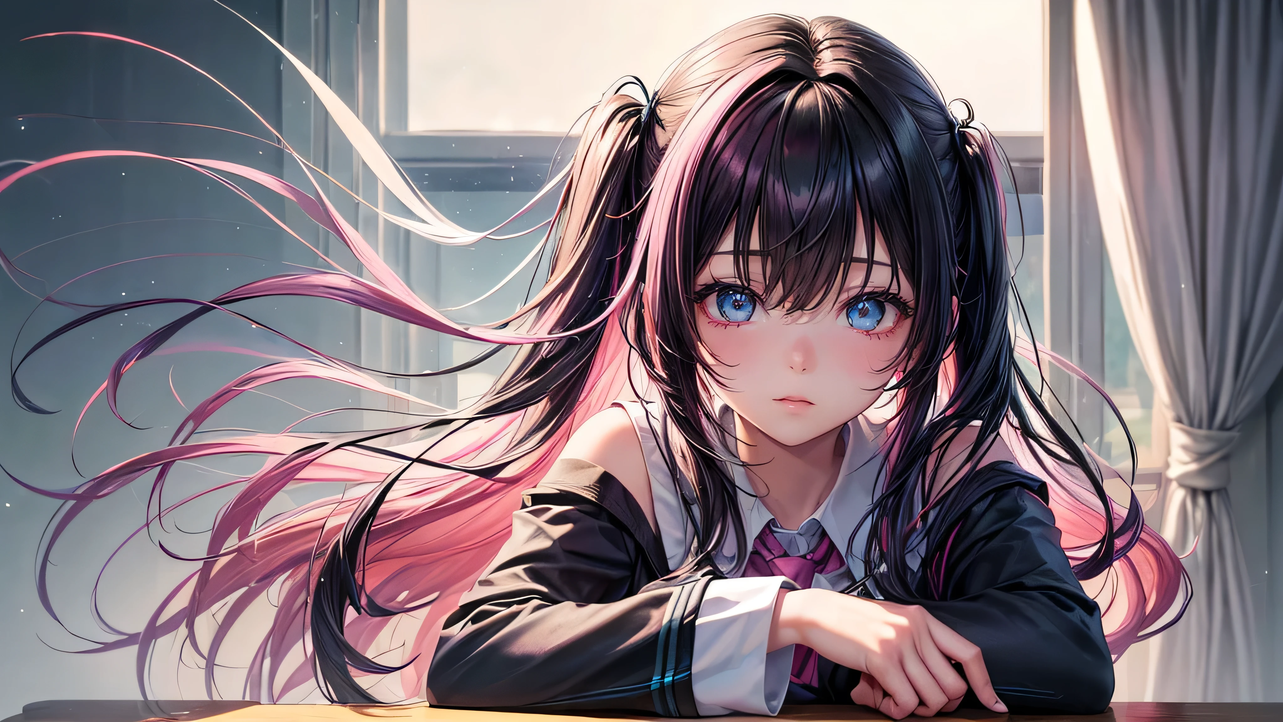 (((1People Girls)))、Light、smoke、Cinematic Light、miku hatsune , Black Hair、Pink light eyes、Light and clear eyes、Beautiful Eyes、(((The tips of the hair are(Pink)Gradient of)))、 Cinema Lighting, Surrealism, Ultra-high resolution, Accurate, Very detailed, Textured skin, High detail, highest quality, 8k,Thin bangs, Detailed Hair,Focus on the face,(((School))), classroom,Tie Uniform, No sleeve, Cute clothes, Black Hair、Simple hair accessories