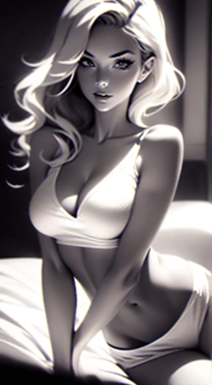 Beautiful 20yr old girl, blonde, detailed, toned body, femme fatale, et blanc, monochrome, looking down at viewer, wearing underwear, in bed