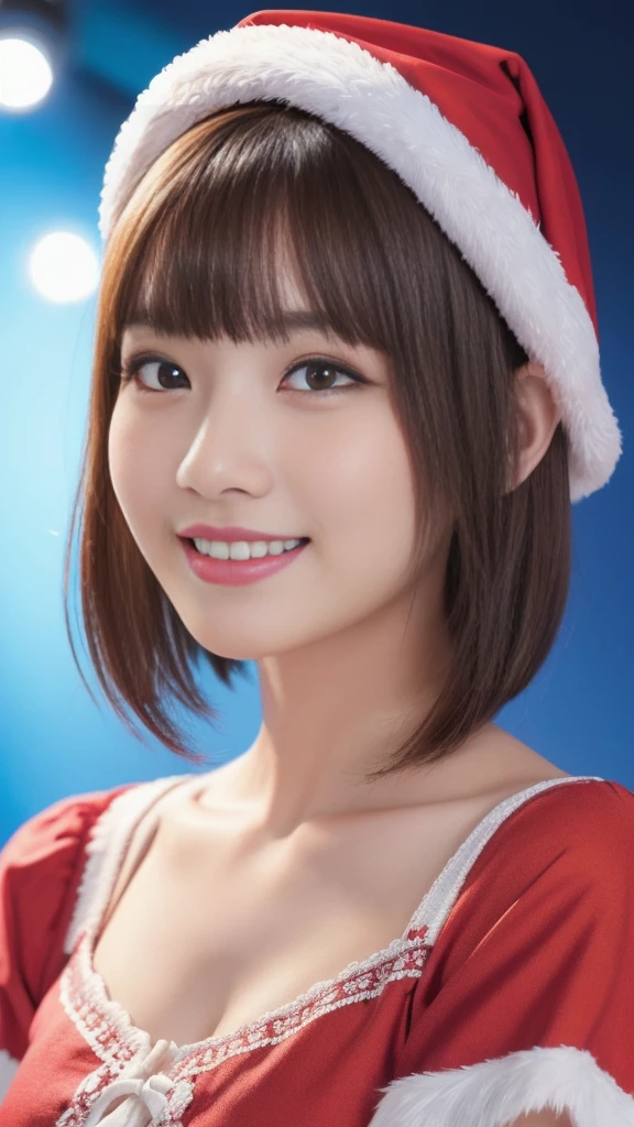 1baby fece girl, ultra young japanese girl, santa claus clothes and scart, slim fit, incredibly cute, very short hair, Big smile, ultra beautiful detailed eyes, beautiful detailed lips, extremely detailed face, long eyelashes, innocent, artless, natural makeup, best quality, 4k, 8k, highres, masterpiece, ultra-detailed, realistic, photorealistic, photo-realistic, professional, vivid colors, studio lighting