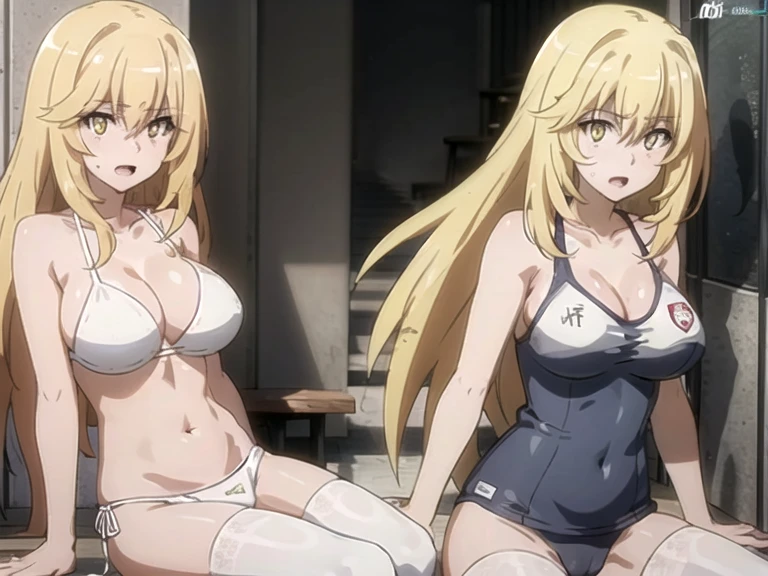 (ultra-highdetail, 8k quality, best quality, extremely detailed illustration,intense shadows, high quality anime illustration), (misaki shokuhou, blonde hair, hair between eyes, long hair, yellow eye, Shining eyes, very big breasts,), 
see through school swimwear, pussy, nipple, sitting, spread legs, front view, gleaming skin, moist skin, open mouth, embarrassed, white stockings, spread both arms, 