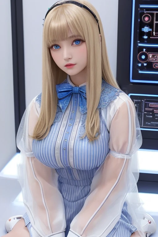 (highest quality, High resolution, masterpiece:1.2), Very detailed, Realistic:1.37, (Perfect Anatomy),1 girl,Cowboy Shot,Full body portrait,, (Cute and perfect Japanese cyborg:0.6), 20-year-old, (blue led eyes:1.2),  Detailed facial features, Complex Hair, (Transparent glass body:1.33,) (The electronic components inside the body are clearly visible:1.4) ,,Detailed connection lines,  Futuristic hair accessories,(Wires and cables connected to the main unit:1.3),  cybernetics, cyber punk,  Intricate decorative details, The background is the interior of a robotic operating room....,, (Heavy chest:1.1, ), Huge breasts), (Heavy chest:1.1, ), sad, , M3GAN, 1girl, long hair, , blonde hair, parted bangs, split bangs, white hose, beige dress, long sleeves, striped sleeves, bow, black shoes
