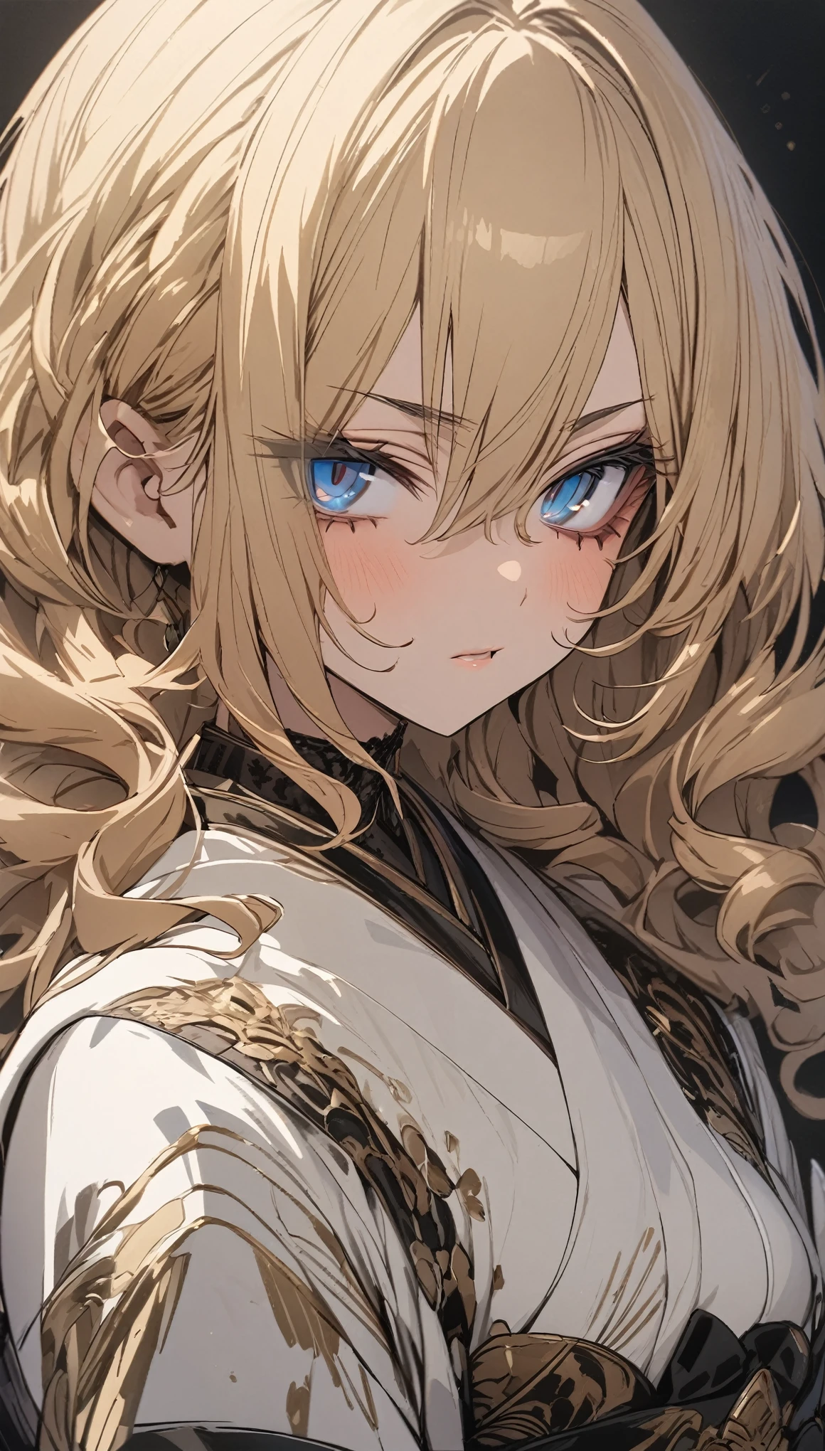 masterpiece, best quality, extremely detailed, high resolution, Japanese anime,1girl, gold hair, (short length hair:1.4), curly hair, wavy hair, drill hair, blunt hair, (eye lashes:1.3), (eye shadow:1.3), (eye brow:1.3), blue eyes, (beautiful detailed eyes:1.4), (jitome:1.5), evil grim, , original character, fantasy, (black background:1.2), beautiful fingers, standing, shoot from front, looking at viewer, face close-up