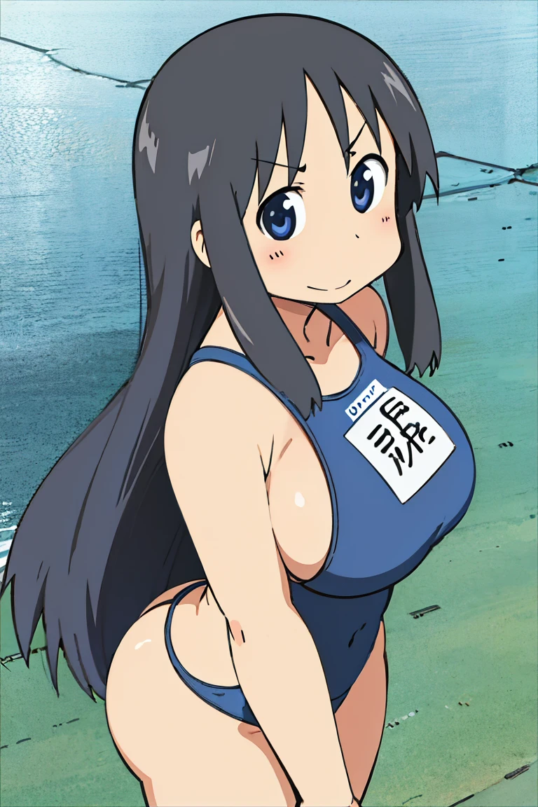 Kyoto animation, female, long hair, black hair, dark blue eye, cute face, thick eyebrows, big breast, sexy butt, slim body, sexy thigs, closed blue swimsuit, beach, brave smile, 90s style photo