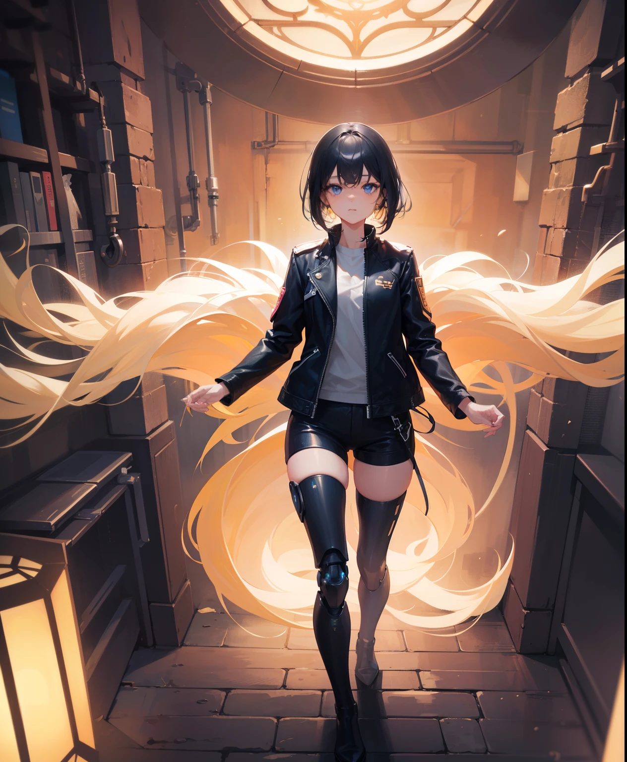 (short black hair),(blue eyes), (Detailed illustrations,Very detailed and detailed drawing,Delicate lines with slow and rapid),[Color tressed main line],[Briefing Room Background],([HENTAI] ANIME (JapaneseGirl (Beautiful fece) Cyborg ) [Wild Hair]) well-muscled [[KARATE]] Both arms of the machine [Built-in V8 engine:0.3],(Black leather jacket) ([a tiger] Translucent rubber inner) [Tiger Stripe],[[Chrome coating:0.5]],(Science Fiction Mechanical [Bioengineering]),(Intricate and beautiful decoration [Dense detail]),(Fine and beautiful skin expression [Transparency]),[Perfect eye details (Iris beautifully drawn in every detail)[Jewel-like eyes]],[long and beautiful eyelashes],[Meticulously drawn hair [More on beautiful and shiny hair]],(Perfect hand details [Beautiful fingers without breakdowns [Beautiful nails]]),(Perfect Anatomy (Perfectly proportioned)) [[Full body like]],[Ideal color coordination(Accurate simulation of light-material interactions)],(HighQuality,[Precision Detail] hight resolution,(detaileds,high-detail)),[Visual art that conveys a sense of narrative].