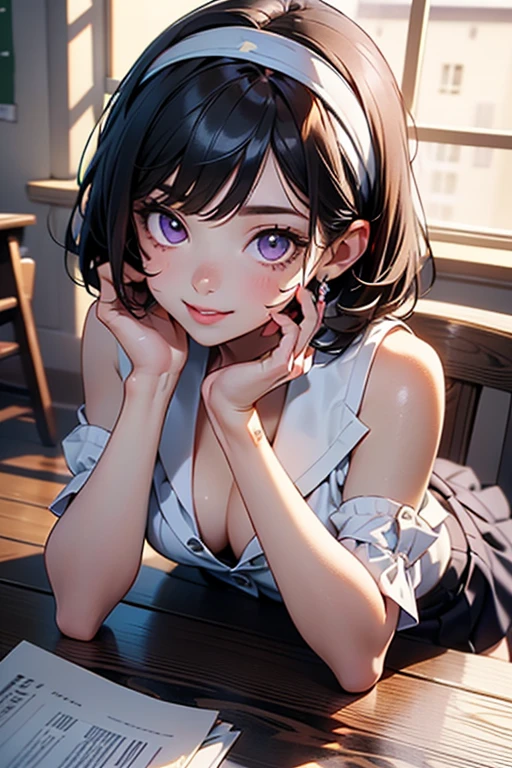 Body eight times longer than head, (Highly detailed CG Unity 8k), (highest quality)，(Very detailed)，(Ultra-high resolution), Black Hair, Shoulders out, Anime 2D Rendering, Realistic young anime school girl, ((White headband)), Purple eyes, expensive, Slanted Eyes, (School Scene), Black Stockings, Bright colors, Open your mouth, Dark Blue Skirt, Bobcut, Top-down position, Lying on your back, smile,(Focus on the lower body),mini skirt, Put your chest together,Cleavage,Moderately breasted