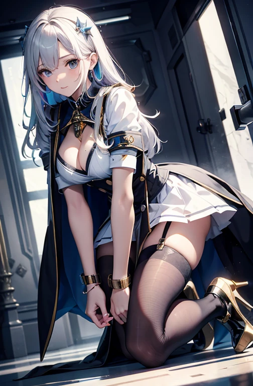 highest quality,masterpiece,The ultimate solution,fluffy,Very colorful,stewardess,Beautiful Woman's Head,Normal posture,Red Lip,collar,Kneeling pose,(Kneel),bondage,Behead,Behead,guillotine,collar,handcuffs,anklet,(White Stockings),High heels,Normal posture