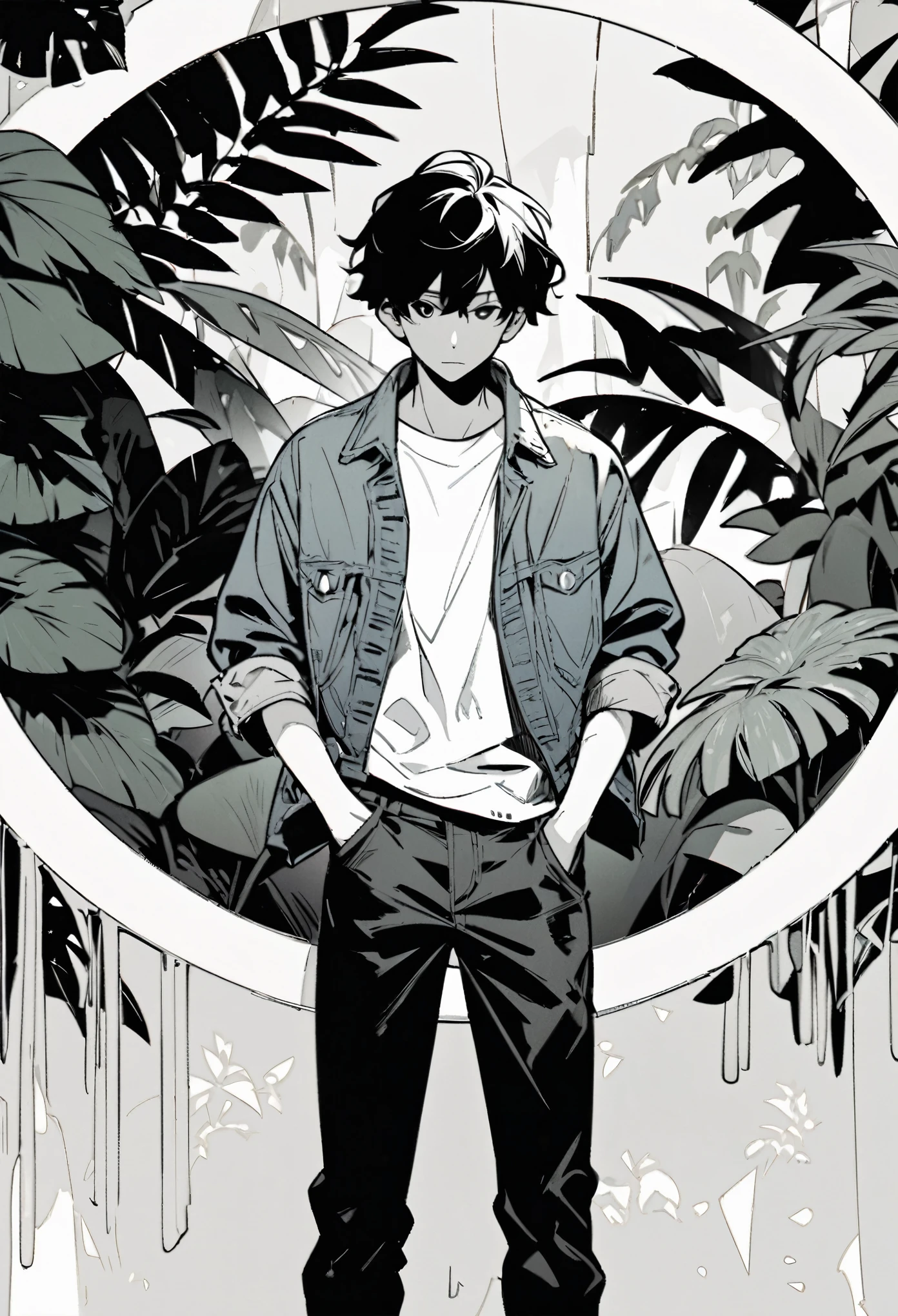 Create an illustration of a person standing in a relaxed posture. He wears a denim jacket, a white T-shirt, and pants with his hands lightly in his pockets. The background features tropical plants with large leaves, and the figures are set against a circular frame that contrasts with the crunchy, paper-like texture of the background. The overall aesthetic is monochrome, with detailed shading to give depth and texture to clothing and plants.