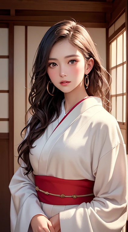 (highest quality、8k、32k、masterpiece)、(masterpiece,up to date,Exceptional:1.2), anime,One girl,Front hair,black_hair, Beautiful 8k eyes,Looking_in_Audience,One person in,Are standing,((Very beautiful woman, Fuller lips, Japanese pintern kimono))、((Colorful Japanese kimono)))、(((Medium Shot)))、Blunt bung、(High resolution)、Very beautiful face and eyes、1 girl 、Round and small face、Narrow waist、delicine body、(highest quality high detail Rich skin details)、(highest quality、8k、Oil paints:1.2)、Very detailed、(Realistic、Realistic:1.37)、Bright colors、(((blackhair)))、(((Long Hair)))、(((cowboy pictures)))、((( Inside an old Japanese house with a (short focus lens:1.4),)))、(masterpiece, highest quality, highest quality, Official Art, beautifully、aesthetic:1.2), (One girl), Very detailedな,(Fractal Art:1.3),colorful,Most detailed,Sengoku period(High resolution)、Very beautiful face and eyes、1 girl 、Round and small face、Tight waist、Delicine body、(highest quality high detail Rich skin details)、(highest quality、8k、Oil paints:1.2)、(Realistic、Realistic:1.37)、Greg Rutkowski Written by Alphonse Mucha Ropp,short ,(focus lens:1.4),uchikake,nishijin ori