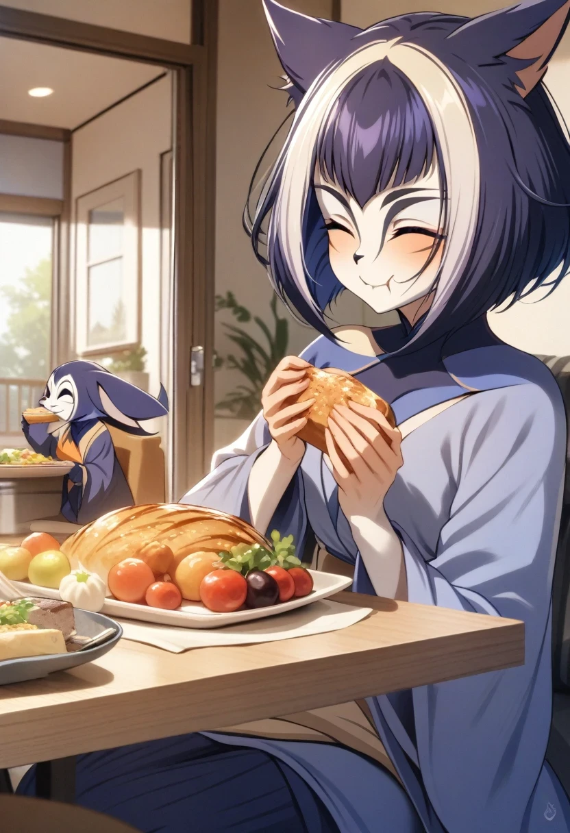 (shylily/(Twich/):1.5),(masterpiece:1.2),(best quality:1.2),A smiling woman with cat ears, short hair,  Eating lunch in a modern house