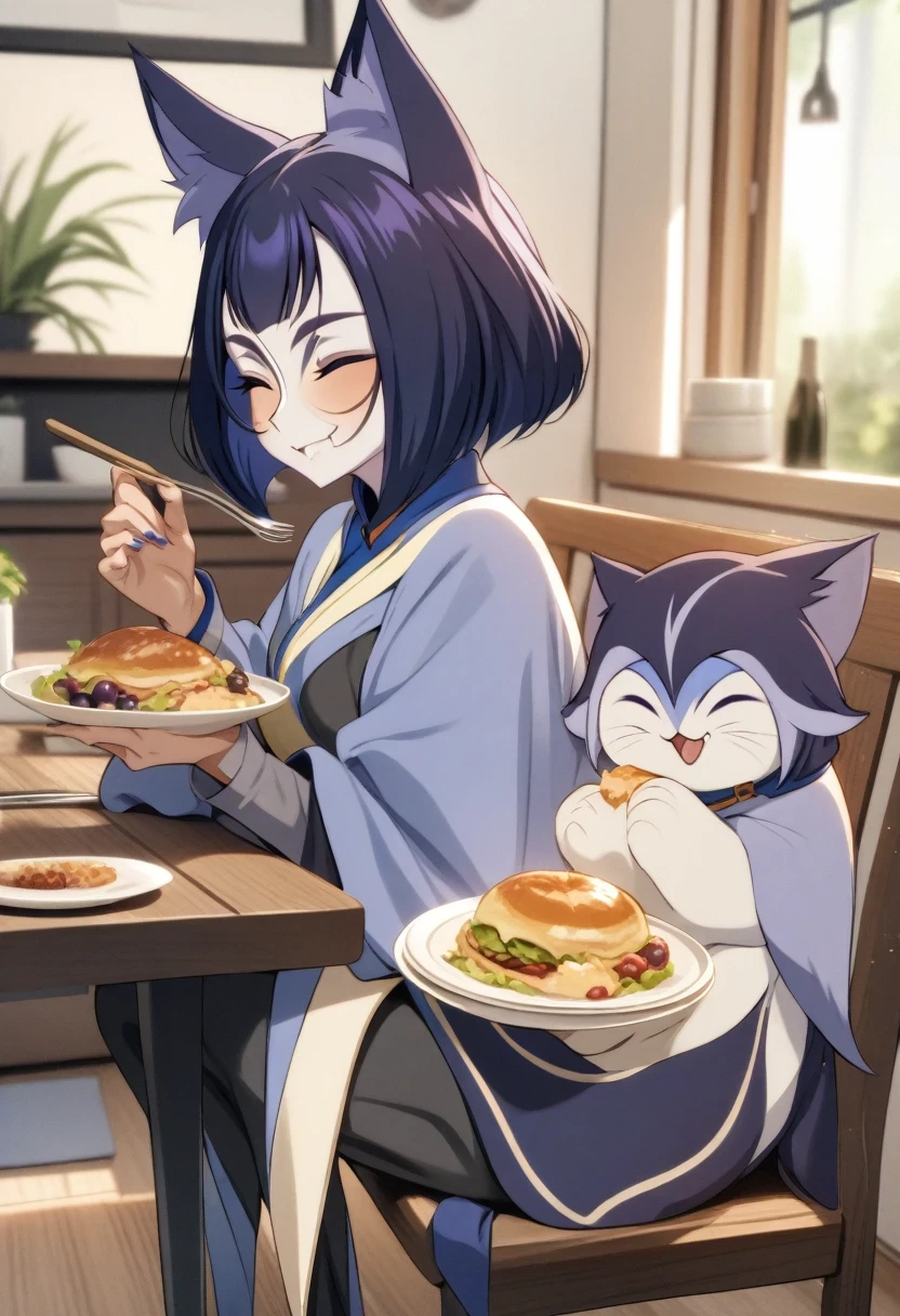 (shylily/(Twich/):1.5),(masterpiece:1.2),(best quality:1.2),A smiling woman with cat ears, short hair, Eating lunch in a modern house