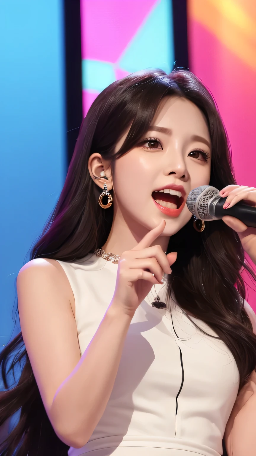 Very cute and beautiful K-POP female singers, Singing on the Gondola Live Stage, 
break,
Face close-up, Singing scene, Dress scene, Looking at the audience, 
break,
Expressing the singer in bright colors, Expressing the singer&#39;s dress in colorful colors, Expressing the singer&#39;s voice in warm colors, huge shy smile , big eyes