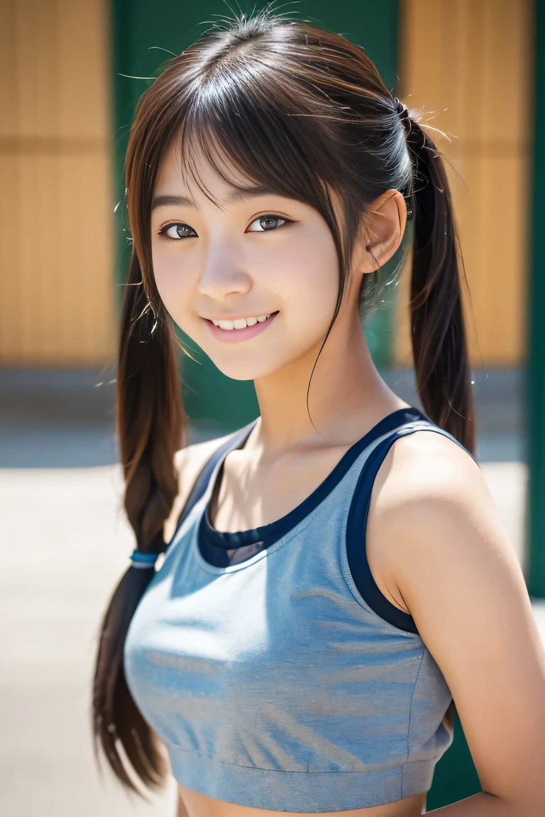 Lens 135mm f1.8, (highest quality),(RAW photo), (arms at sides:1.1), (Beautiful  Japanese girl), cute face, (deeply carved face:0.7), (freckles:0.6), dappled sunlight, , (japanese school uniform:0.1), sport bra, dark_navyblue pleated skirt, (inside the school), shy, short twintails, the waist up shots , (smile),, (sparkling eyes)、,photo from the waist up,