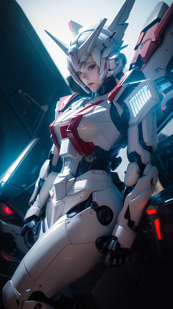 Textured skin, Super Detail, high details, High quality, Best Quality, hight resolution, 1080p, hard disk, Robot Girl,(Gundam Girl),beautiful cyborg woman,Mecha Cyborg Girl,Battle Mode,Girl with a Mecha Body,She wears a futuristic Gundam mecha,Fulll body Shot,Mobile Suit Girl