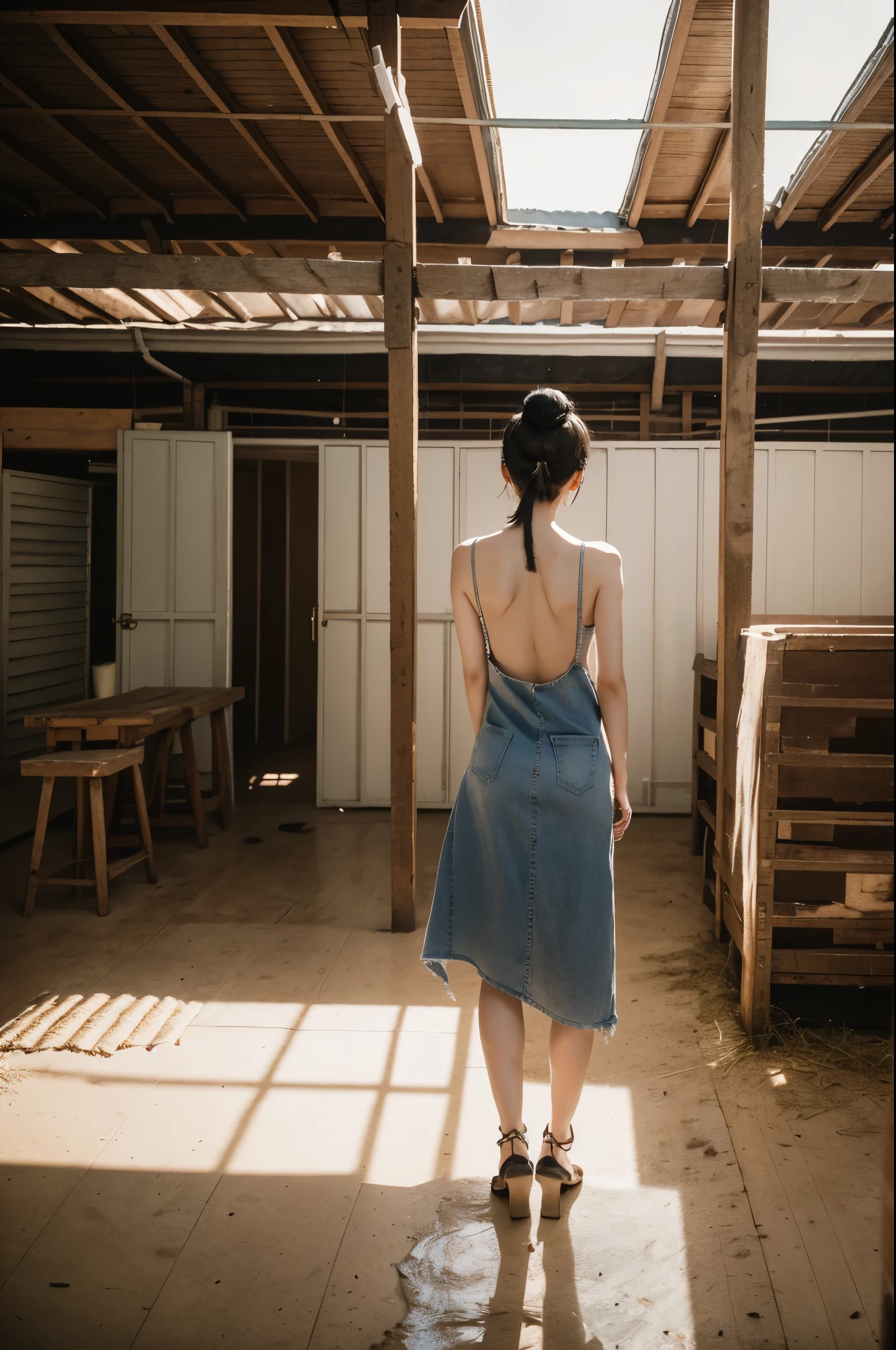 group photo of a girl and a huge pig,stood in the middle of a pig farm,short ponytail,bare shoulders,bare back,torn apron,towering hips,slender legs,realistic scenery,photography carnival,wildlife photography,aurora punk,animal and human styles,upper body,indoor,from back