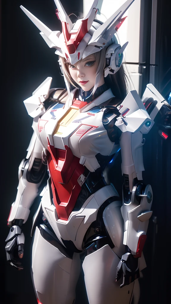 Textured skin, Super Detail, high details, High quality, Best Quality, hight resolution, 1080p, hard disk, Robot Girl,(Gundam Girl),beautiful cyborg woman,Mecha Cyborg Girl,Battle Mode,Girl with a Mecha Body,She wears a futuristic Gundam mecha,Fulll body Shot,Mobile Suit Girl