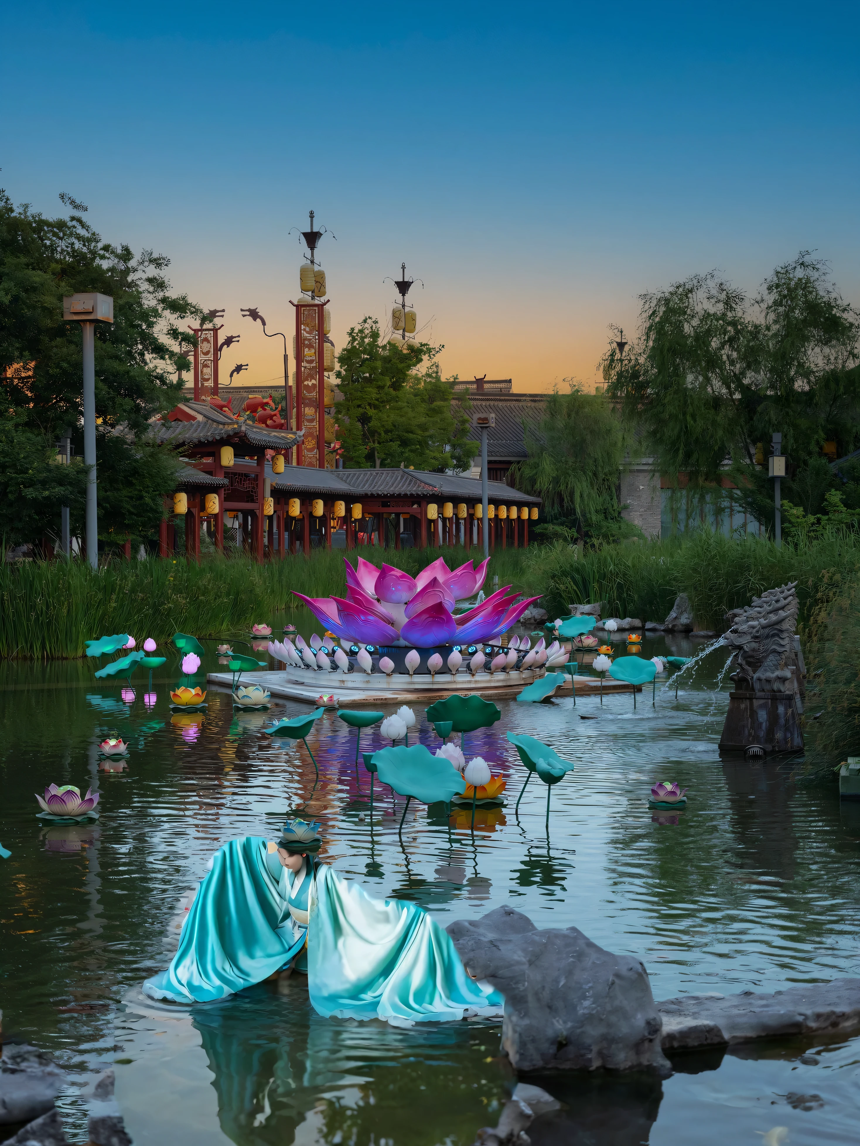 Ancient beauty,Ancient beauty,Beautiful Girl,Half Body,Squatting and playing with water,Pond,Hanfu,Pink Hanfu,Gorgeous Hanfu ,fine,HD,Blockbuster Award,World Map,ARW