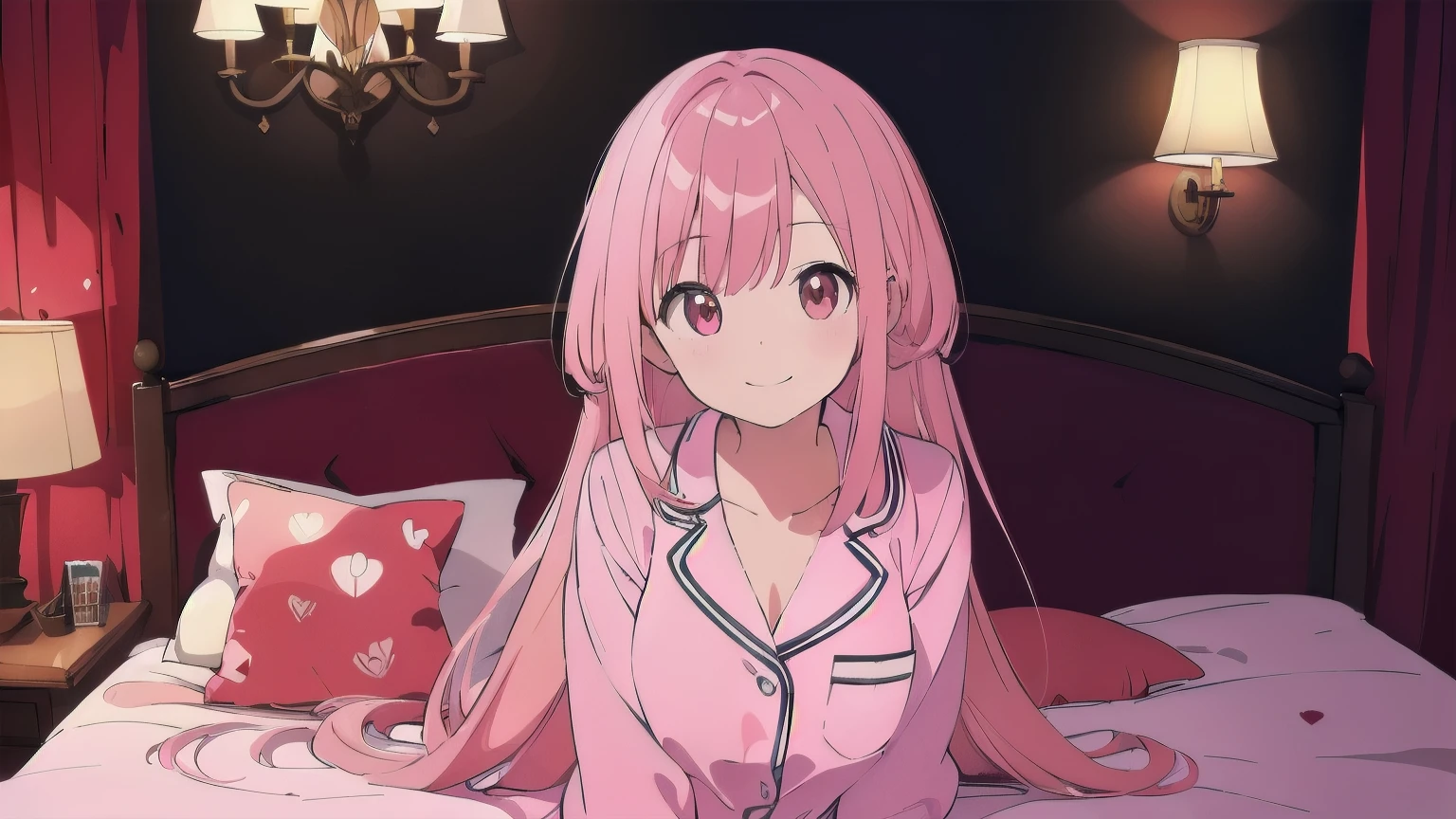 Very detailed, Detailed Background,　(highest quality, masterpiece, High resolution), One girl, smile,　 Mid-chest, Pink Hair,  Upper Body, pajamas,　long hair、　night、　Dimly lit room