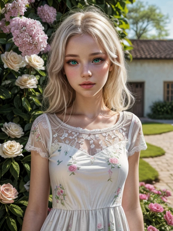 (Best quality,4K,a high resolution,masterpiece:1.2),ultra detailed,(realistic:1.37),beautiful detailed eyes,beautiful detailed lips,extremely detailed eyes and face,long eyelashes,Lonely albino girl with heterochromia,green eyes Slytherin style,white eyes,Girl in floral dress,A girl stands in a blooming garden with bright flowers,soft sunlight 