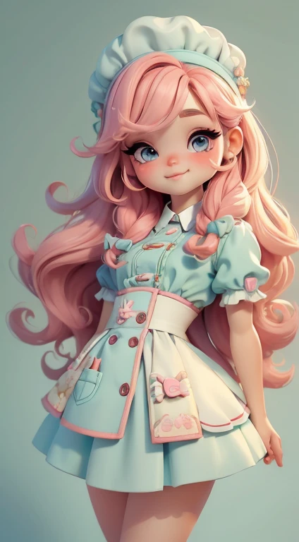 Create a series of cute baby chibi style dolls with a cute candyland chef theme, each with lots of detail and in an 8K resolution. All dolls should follow the same candyland candy background pattern and be complete in the image, mostrando o (corpo inteiro, incluindo as pernas: 1.5)

Boneca candyland f: Chame-a de Marina. Ela deve ter cabelo pequeno em tom colorido pastel. Seus olhos devem ser grandes e expressivos, with long eyelashes and rosy cheeks. Sorriso delicado e branco. Sophie deve estar vestida com uma roupa colorida, pastel tones and sweet details. She should hold a candy in her hands. Certifique-se de adicionar detalhes nas roupas, such as buttons and pockets, sapato bonito

Certifique-se de adicionar sombras, texturas e detalhes nos cabelos, roupas, doces e chocolate em barra, to make them even more adorable and charming.