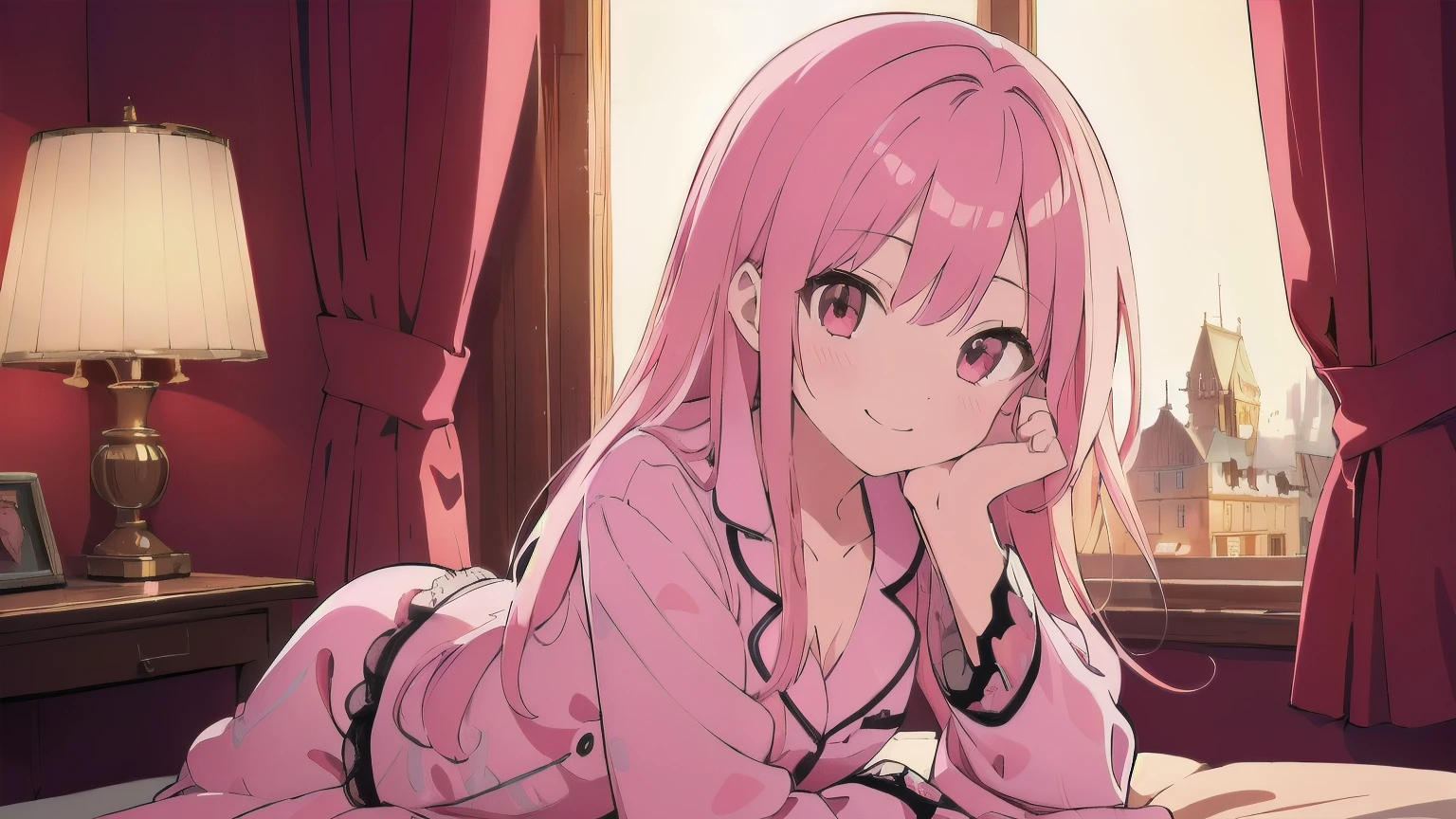Very detailed, Detailed Background, (highest quality, masterpiece, High resolution), One girl, smile, Mid-chest, Pink Hair, Upper Body, pajamas, long hair、 night、 Dimly lit room