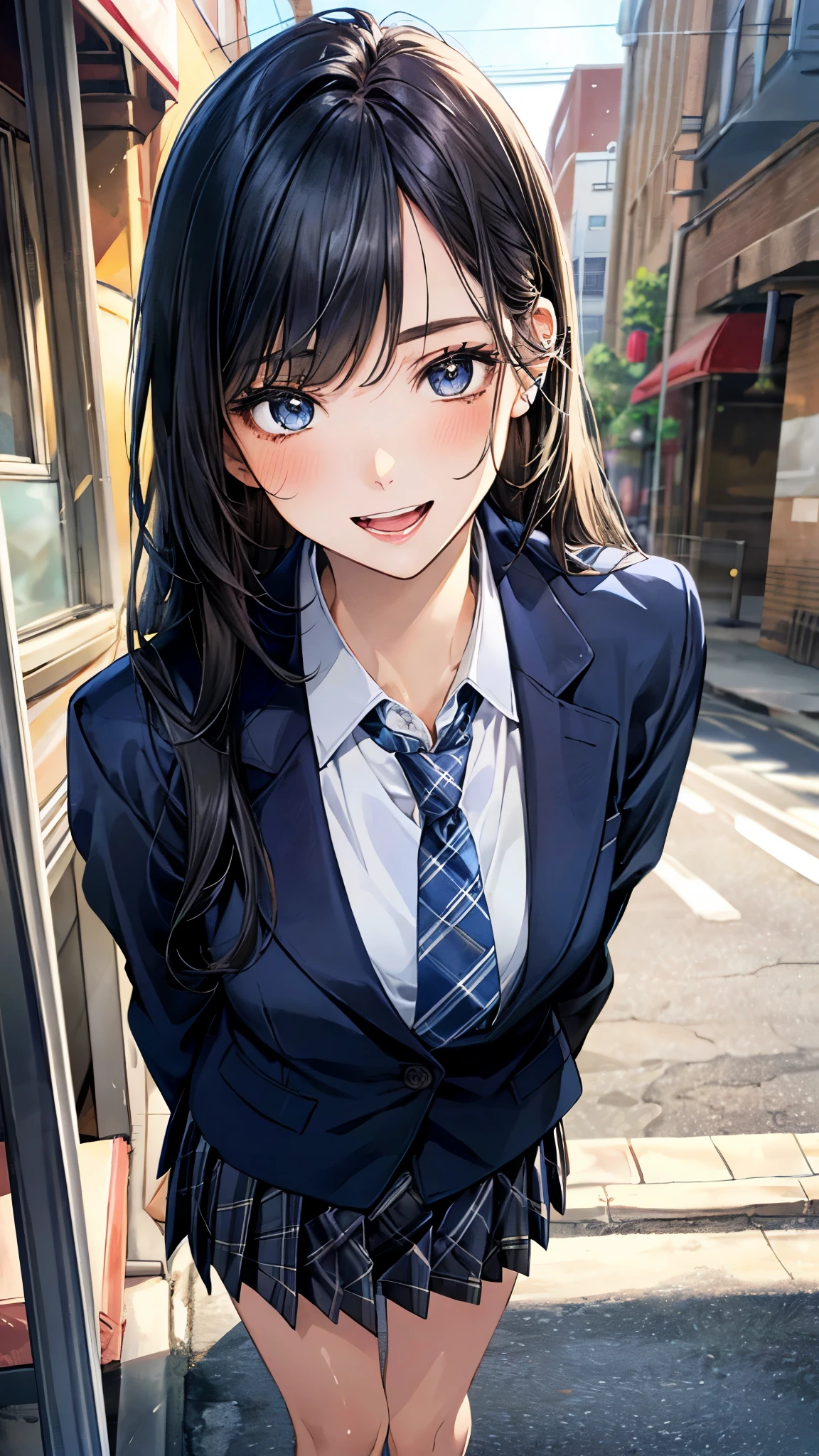 (masterpiece:1.3, top-quality, ultra high res, ultra detailed), (realistic, photorealistic:1.4), beautiful illustration, perfect lighting, natural lighting, colorful, depth of fields, ,
beautiful detailed hair, beautiful detailed face, beautiful detailed eyes, beautiful clavicle, beautiful body, beautiful chest, beautiful thigh, beautiful legs, beautiful fingers, shiny skin, babyface,
looking at viewer, (face focus), 1 girl, high school girl, (perfect anatomy, anatomically correct, super detailed skin), cute and symmetrical face, perfect face, perfect eyes,
(long hair, straight hair, navy hair), swept bangs, blue eyes, long eyelashes, (small breasts), slender, outstanding style, ,
(detailed cloth texture), break, ((black blazer, black over plaid pleated skirt)), break, (blue grey cardigan, blue tie), break, (white collared shirt), break,
(beautiful scenery), spring\(season\), late afternoon, (downtown:1.2), walking, (smile, open mouth small),