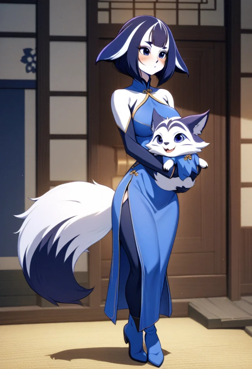 (shylily/(Twich/):1.5),(masterpiece:1.2),(best quality:1.2),(A girl) Big furry tail, (long) apparel (blue) High slit cheongsam, White, Knee-high boots, Standing, full-body shot, (carry) She has a big white fox on her back, detailed, Japanese cartoons, HD, (pink), (blue), Front view