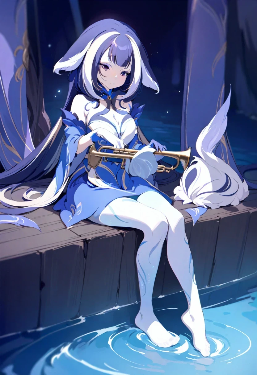 (shylily/(Twich/):1.5),(masterpiece:1.2),(best quality:1.2),(extremely delicate and beautiful:1.5),1 Girl, sitting in water, Foot washing,Pantyhose,No shoes,trumpet