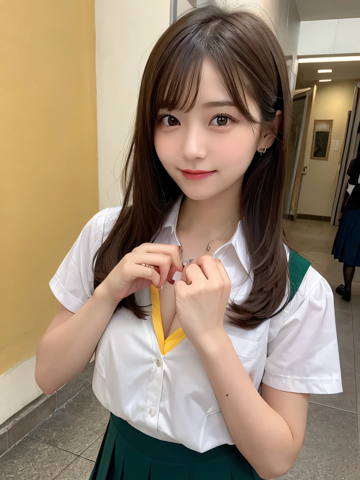 highest quality、figure、 ((Two peopleの女の子))、((Two people))、Cleavage、sexy、Ultra-detailed、High resolution、8k wallpaper、Perfect dynamic composition,、Beautiful fine details、Natural color lip、Bold sexy pose、smile、、cute、Sexy shot looking at the camera、(highest quality: 1.3), (masterpiece: 1.3), (Super Detail: 1.3), (One Girl: 1.1), (Detailed hands and fingers:1.2)、(Ultra-oily, lustrous skin with attention to detail:1.1)、Oily、(The perfect school girl uniform:1.3)、Short-sleeved shirt with front opening、Cleavage、sexy、(Beautiful shapely small breasts:1.3)、(Green mini skirt:1.2)、I can see your thighs、Brown Hair、Very Short Hair、Beautiful sister、Yellow wall,sexy、I can see your thighs、