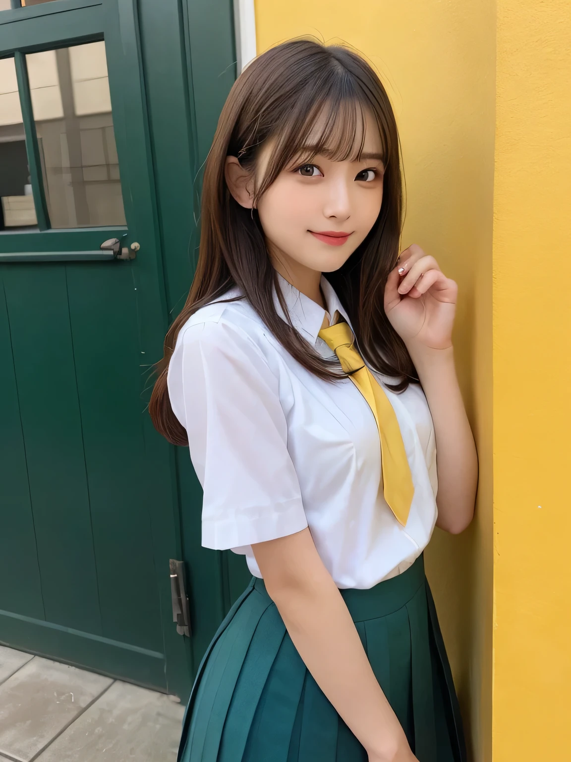 highest quality、figure、 ((Two peopleの女の子))、((Two people))、Cleavage、sexy、Ultra-detailed、High resolution、8k wallpaper、Perfect dynamic composition,、Beautiful fine details、Natural color lip、Bold sexy pose、smile、16-year-old girl、cute、Sexy shot looking at the camera、(highest quality: 1.3), (masterpiece: 1.3), (Super Detail: 1.3), (One Girl: 1.1), (Detailed hands and fingers:1.2)、(Ultra-oily, lustrous skin with attention to detail:1.1)、Oily、(The perfect school girl uniform:1.3)、Short-sleeved shirt with front opening、Cleavage、sexy、(Beautiful shapely small breasts:1.3)、(Green mini skirt:1.2)、I can see your thighs、Brown Hair、Very Short Hair、Beautiful sister、Yellow wall,sexy、I can see your thighs、