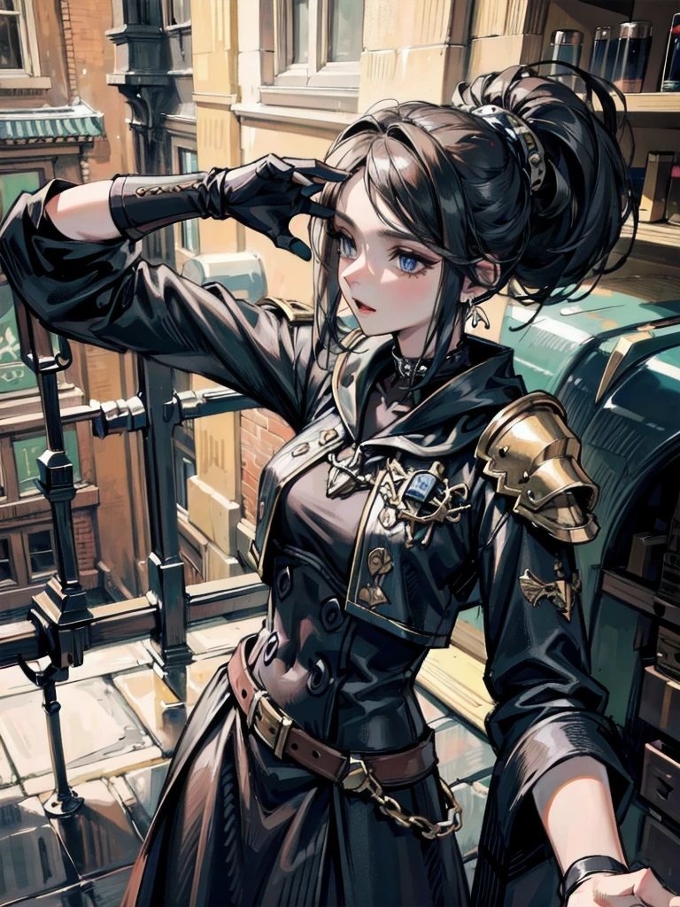 absurdres, RAW photo, extremely delicate and beautiful, masterpiece, Best Quality, ultra high resolution, 32k, hyperrealistic, ultra-detailed, perfect figure, detailed description, pale skin, 20 years old, detailed beautiful face and eyes, tearful mole, earring, short medium hair, wavy hair, full body, a heavily armored pirate, pirate captain, detailed metal armor, intricate pirate clothing, bold colors, highly detailed metal textures,