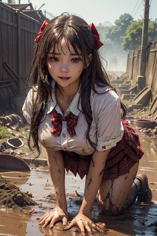 tropical rainforest , waistband of skirt is at the point above chest , school girl big breast , red knot , red bow , skirt dark red , plaid skirt , pleated skirt , dirty white Shirt , realisitic、top-quality、crisp photos 、a lot of garbage and junk 、((beautiful a girl、Constricted waist、Neat face、Most beautiful face、Elaborate face、dense dirty brown hair、Refreshing look、Pleasant look、Happy expression、Joy covered in filth、Glad to get dirty))、(dirty school girl uniform、Tangier、brawn hair)、((long and beautiful legs are dirty、Lying face down on filth、Girl with beautiful ass、Scoop out filth with both hands、Beautiful girl's hair is covered in mud、The joy of lying in dirty sewage))、(((I want to smear filth all over my body.、A large amount of sewage flows down the head、The whole body is full of filth、Stick out your buttocks and open your legs、a large amount of dirty garbage and waste,,、Heaps of garbage))