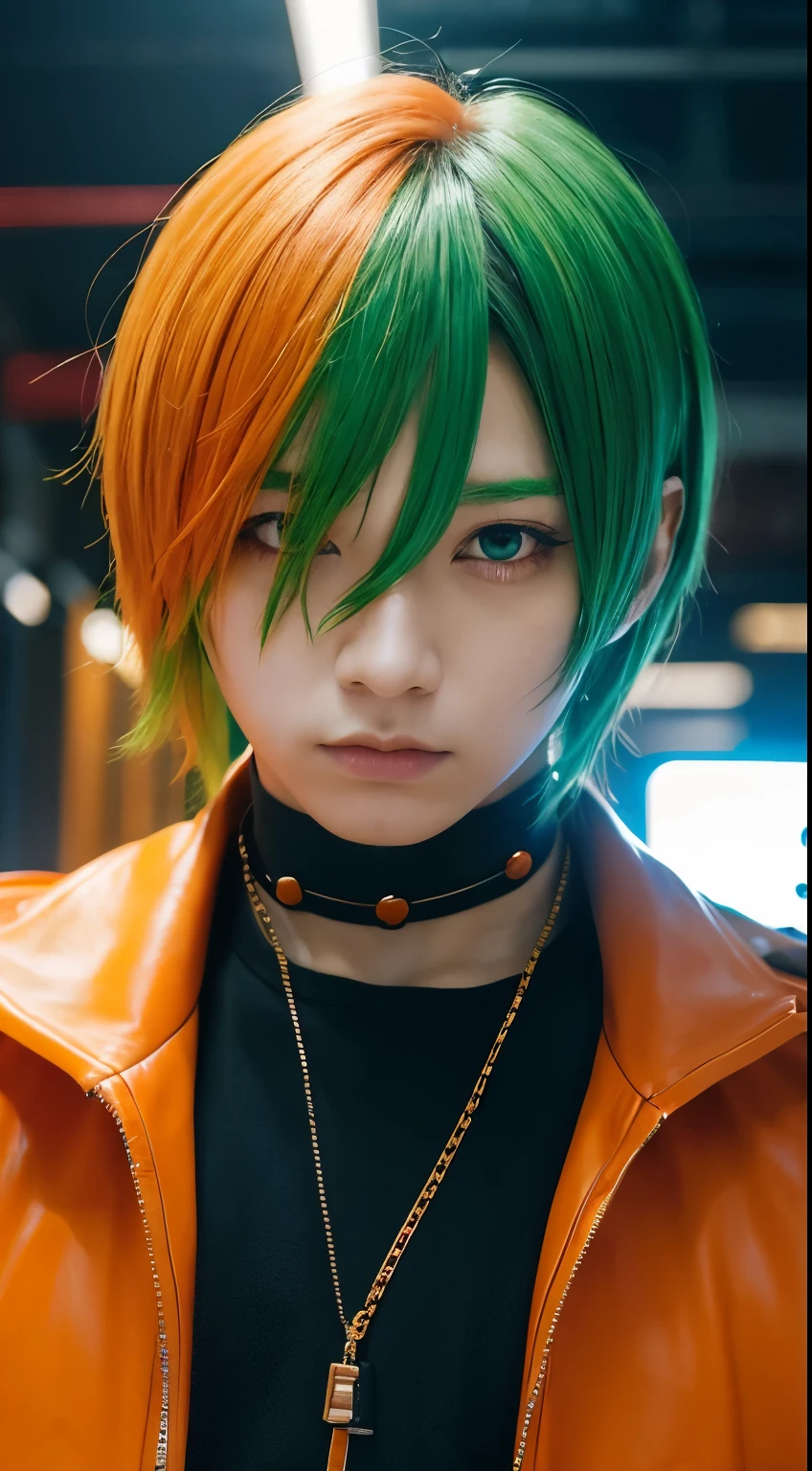 Men's Underground Idol、Orange Hair、Member color: Orange、Green Gradient、make、Visual Kei、cyber punk、boy、juvenile