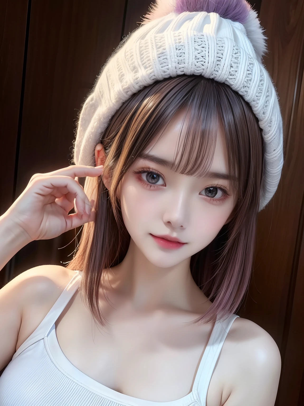 (masuter piece:1.3)、(8K、Photorealsitic、Raw photography、top-quality: 1.4)、(1girl in)、beautiful countenance、(Live-action photography)、(are visible)、(Ash-purple two-tone hair、short-hair:1.3)、(Busty Boobs)、Hoodie without front closure、((sexy revealing clothes))、Beanie、Wearing a knitted cute pom-pom hat、(Display hats on the screen)、realisticeyes、Beautiful details、(real looking skin)、Beautiful skins、absurderes、enticing、 high resolution、A hyper-realistic、high-detail、the golden ratio