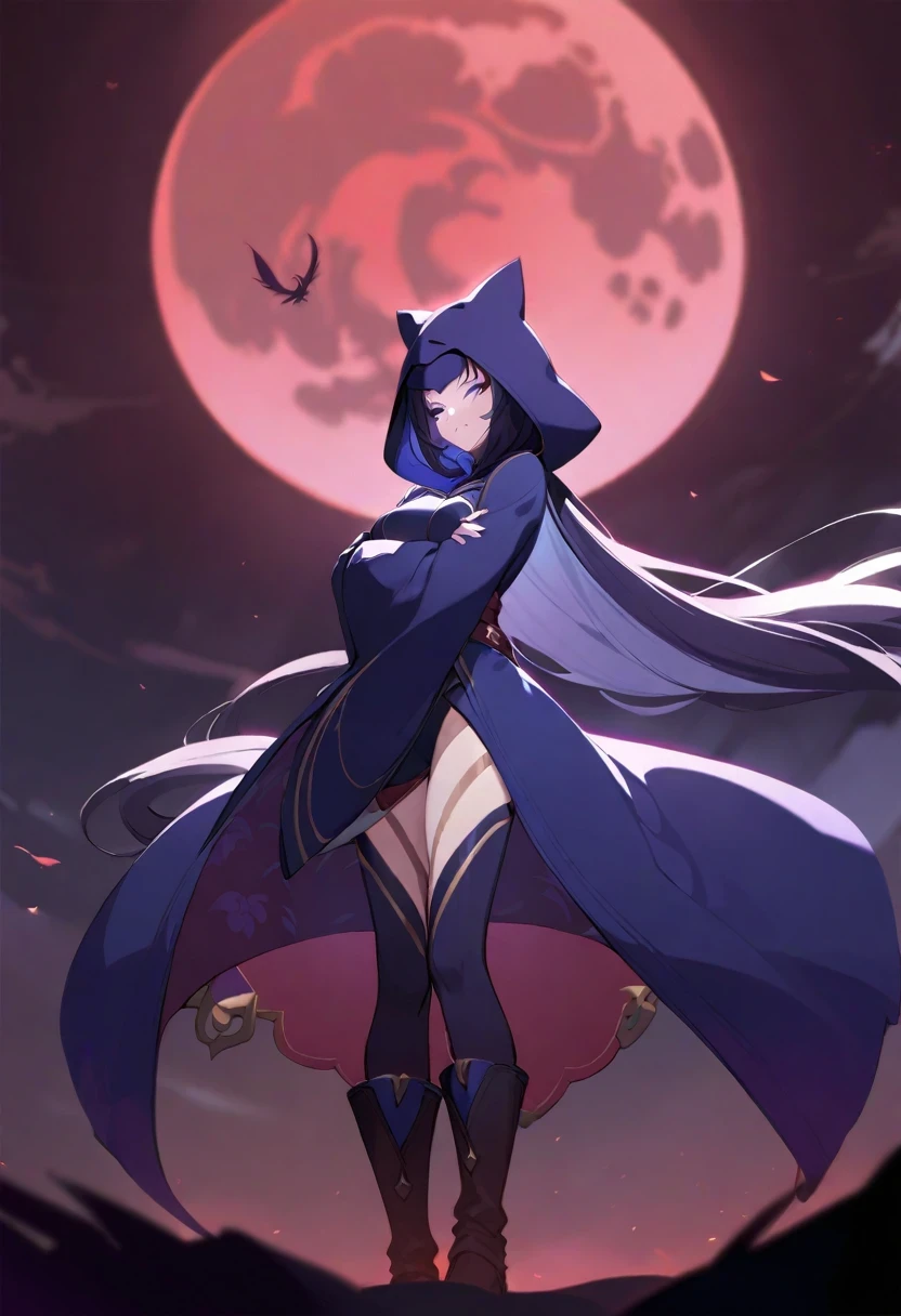 (shylily/(Twich/):1.5),(masterpiece:1.2),(best quality:1.2),Black clothes,boots,Eye mask,Kitchen disease,Cool,crow,sickle,dark,grim Reaper,evil,Ponytail, long coat,boss,Red Moon,Blindfold,Black feather,floating