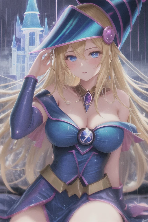 dark magician girl, masterpiece, best quality, (1girl), solo, (water), long hair, blonde hair, blue headwear, wizard hat, spell casting, castle, castle:2, magic, (moonlight:1.2), chromatic aberration, depth of field, soft lighting, highly detailed face, highly detailed eyes, lewd, rain
