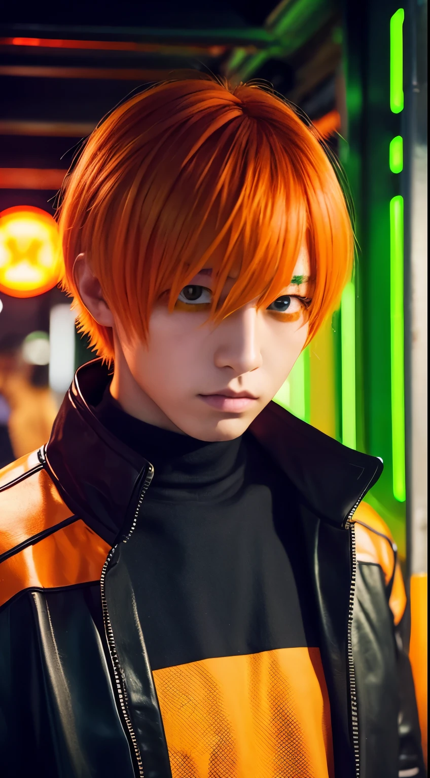 Men's Underground Idol、Orange Hair、Member color: Orange、Green Gradient、make、Visual Kei、cyber punk、boy、juvenile