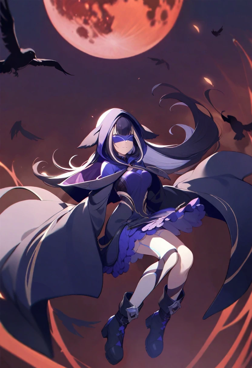 (shylily/(Twich/):1.5),(masterpiece:1.2),(best quality:1.2),Black clothes,boots,Eye mask,Kitchen disease,Cool,crow,sickle,dark,grim Reaper,evil,Ponytail, long coat,boss,Red Moon,Blindfold,Black feather,floating