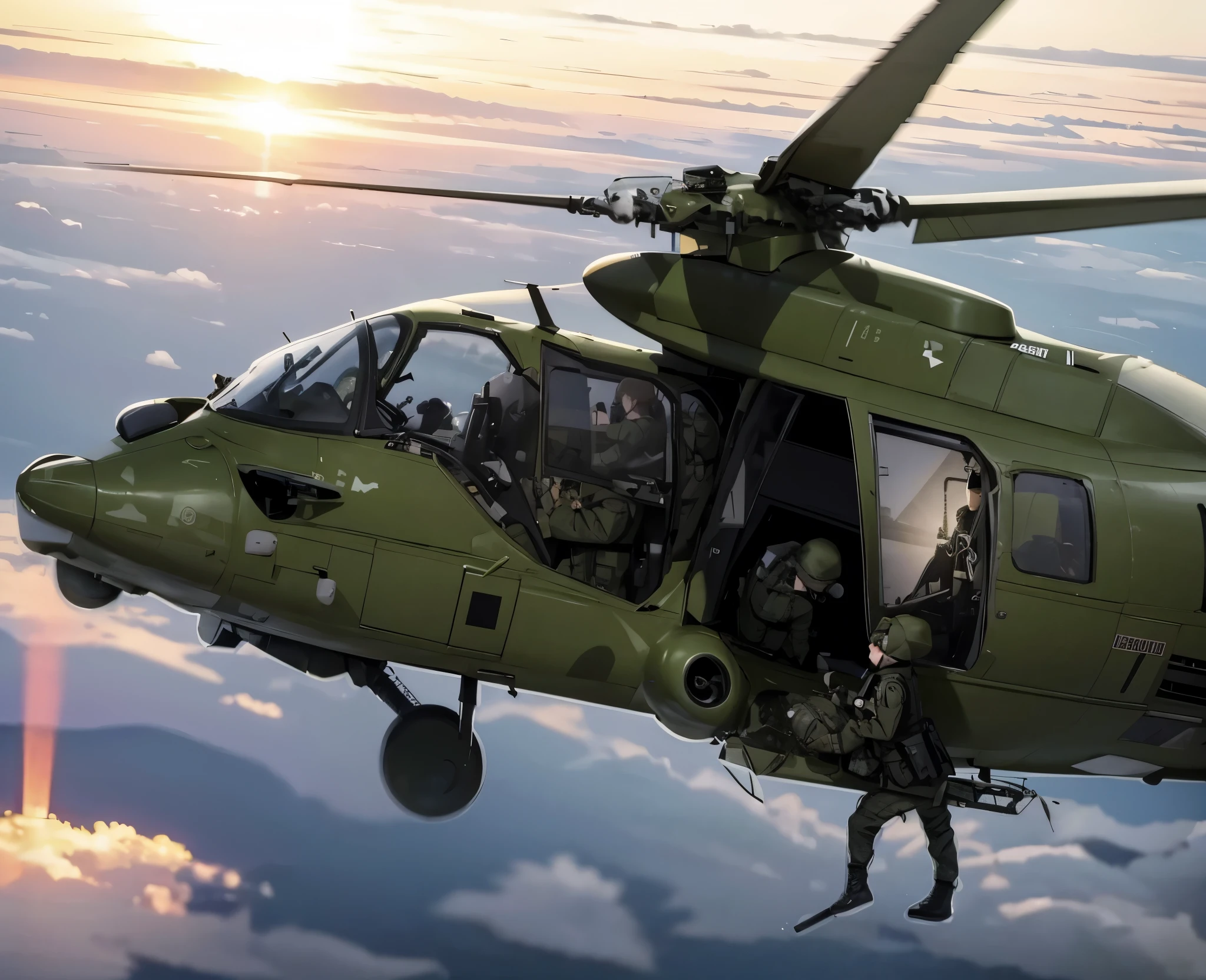 Female soldiers in camouflage uniforms standing inside an airplane, AFP, Aerial view, perfect army composure, SSAO, operation highJump, army, Amazing details, Reddit post, mid air shot, Jump, slide show, Dramatic shot, Superior, Excellent detail, army photography, A dramatic masterpiece, rendering, Close-up - view