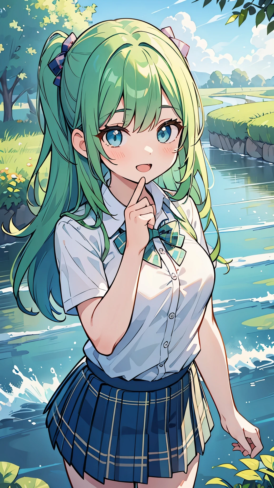 ((A Pretty school girl with green hair and blue eyes)), ((wearing the white collar shirt and plaid skirt)), Baby face, ((top-quality, master piece, ultra-definition, high resolution)), anime girl, ((ultra-detailed illust:1.2)), only one person, bangs, hair between eye, beautiful hair, Beautiful eyes, medium breast, Big smile, opened mouth, barefoot, in the river, countryside